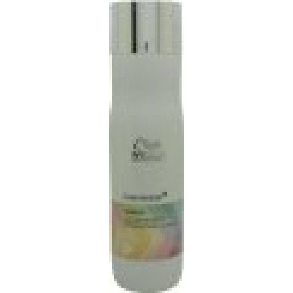 Flacone di shampoo bianco con tappo argentato. Scritta: Wella ColorMotion Shampoo. Adesivo colorato.