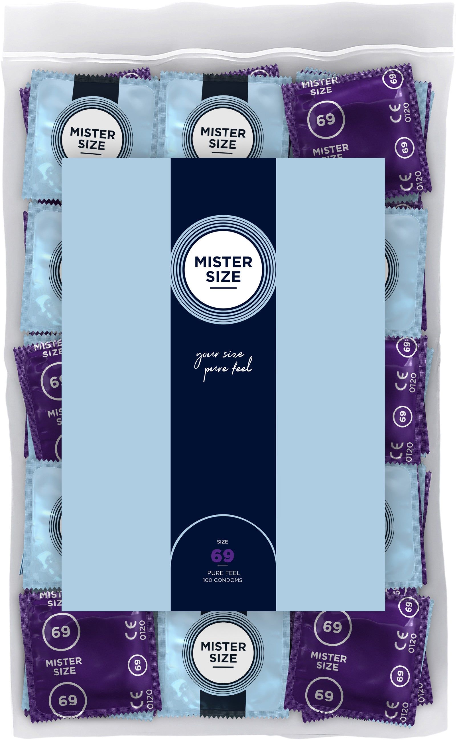Confezione di preservativi. Visibile: Mister Size, 69. Preservativi confezionati singolarmente in pellicola, in un sacchetto trasparente.