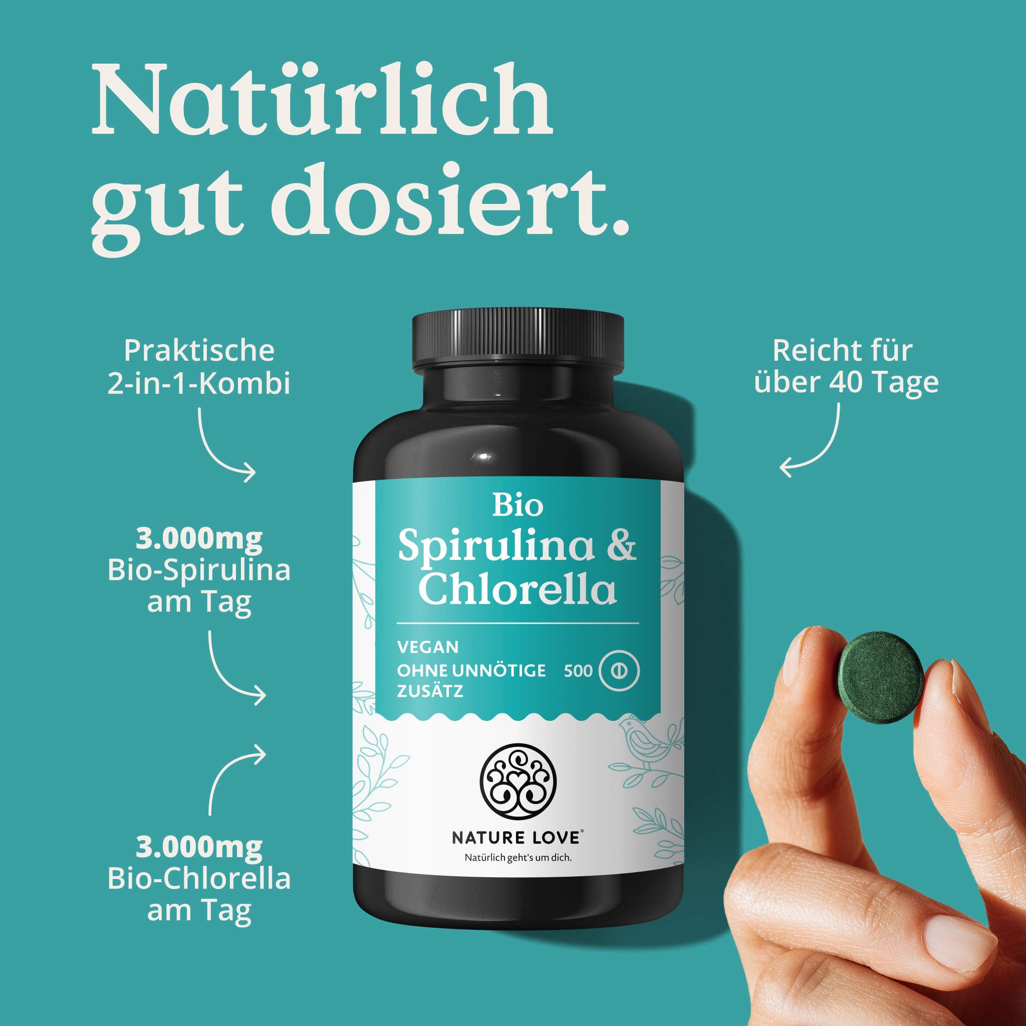Flacone di Bio Spirulina & Chlorella, 3000mg al giorno, per 40 giorni.