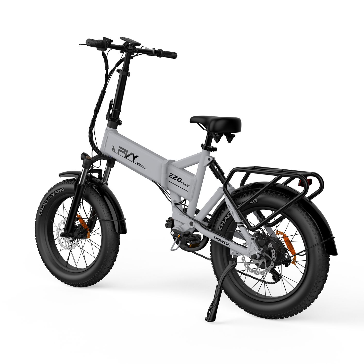 E-bike grigio con pneumatici neri e portapacchi. Scritta: PVY Z20 Plus.