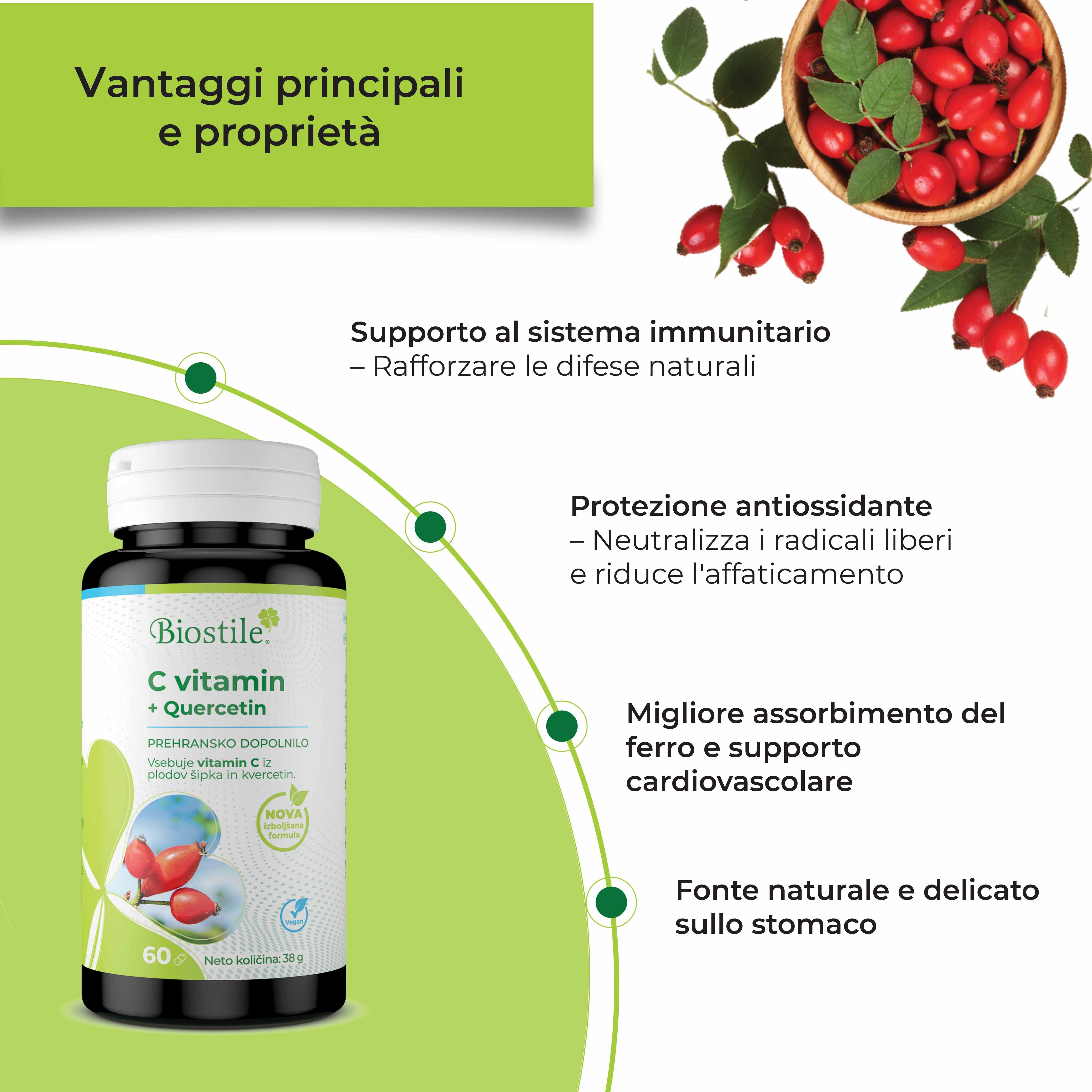 Flacone del prodotto con testo: Biostile C vitamin + Quercetin. Vantaggi: sistema immunitario, antiossidante, assorbimento del ferro, salute cardiovascolare.