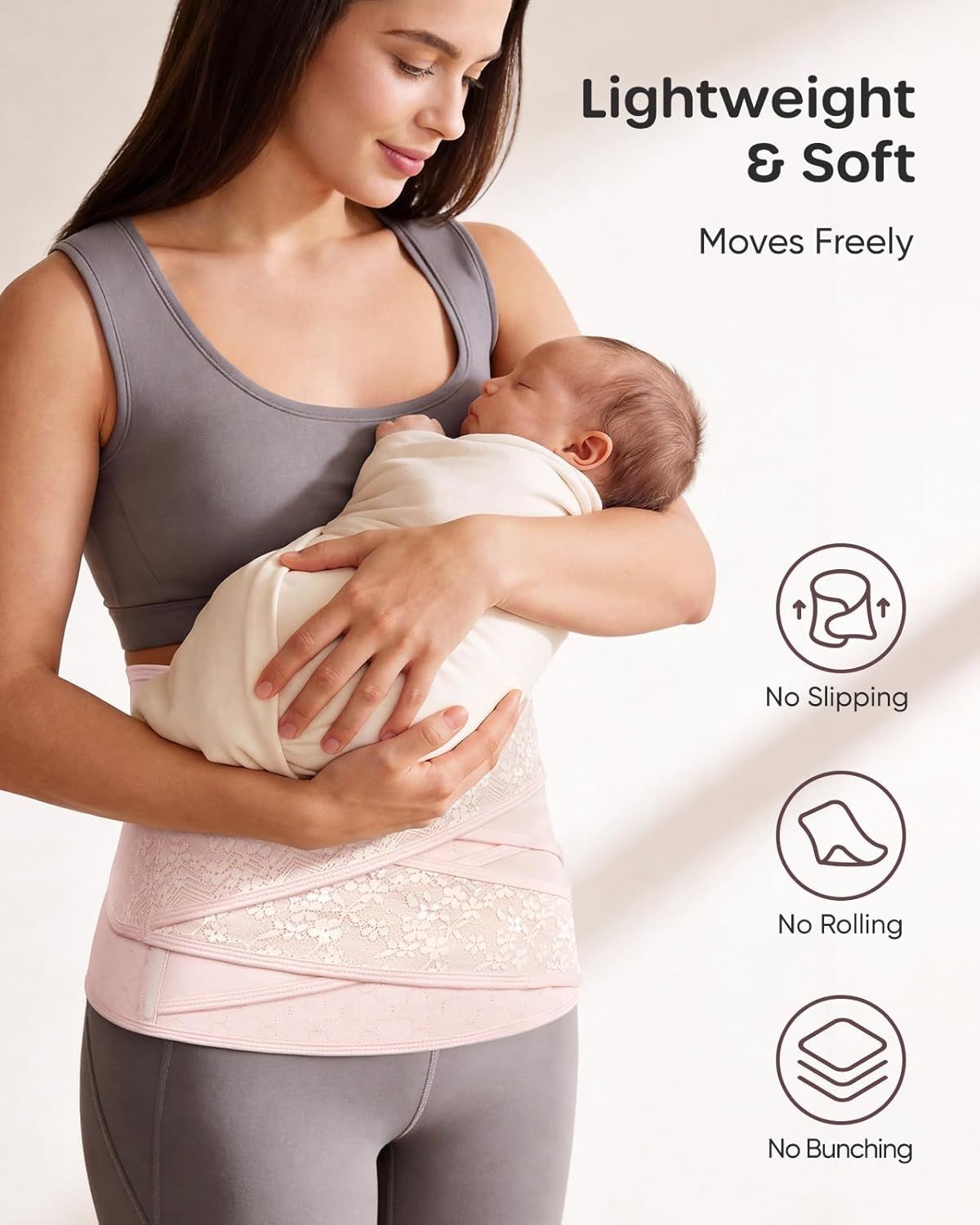 Fascia addominale rosa con supporto incrociato a V, con icone per distribuzione uniforme della pressione e stabilità.