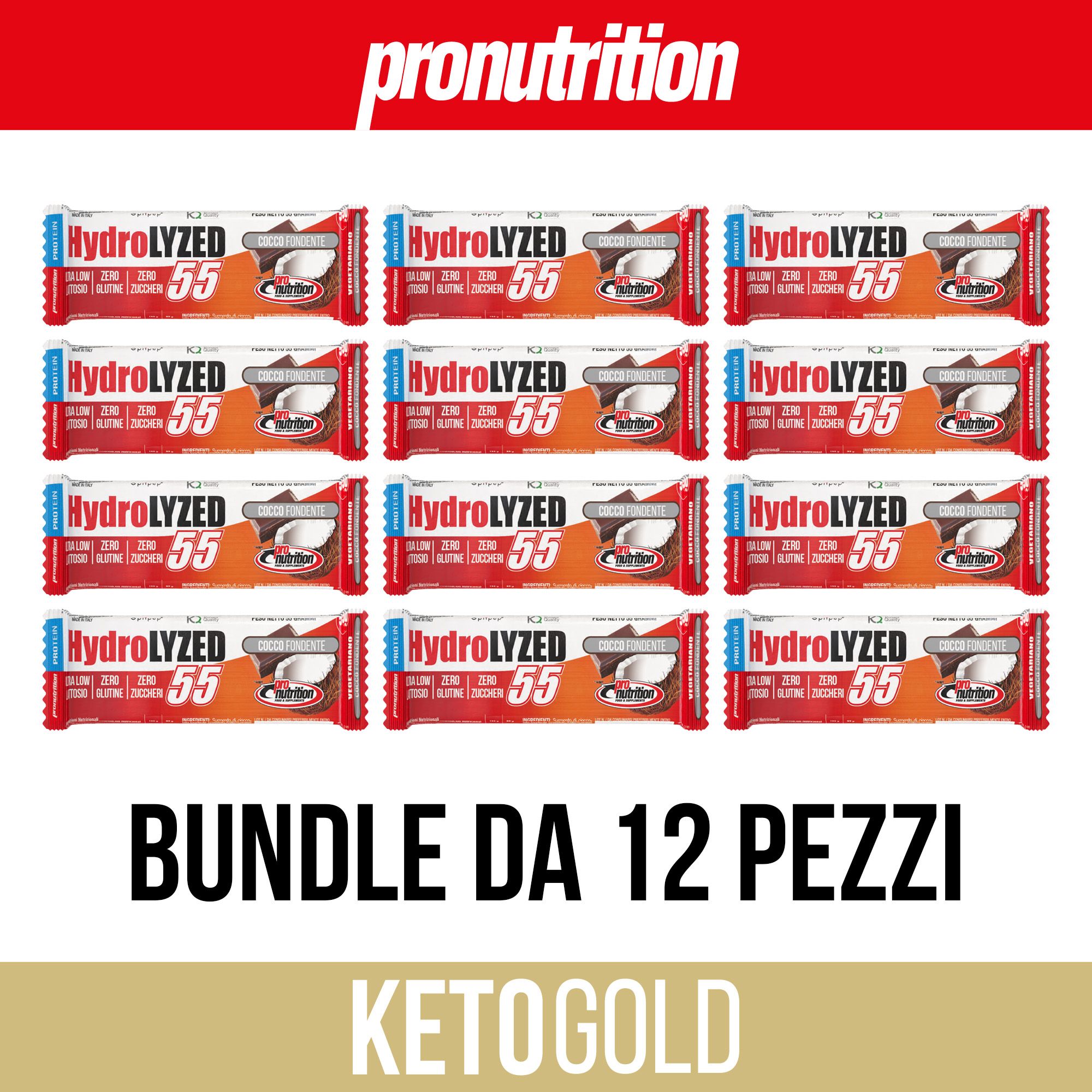 Confezione da 12 barrette proteiche. Confezione rossa, bianca e arancione. Scritta: HydroLYZED 55, Bundle da 12 pezzi, Ketogold.
