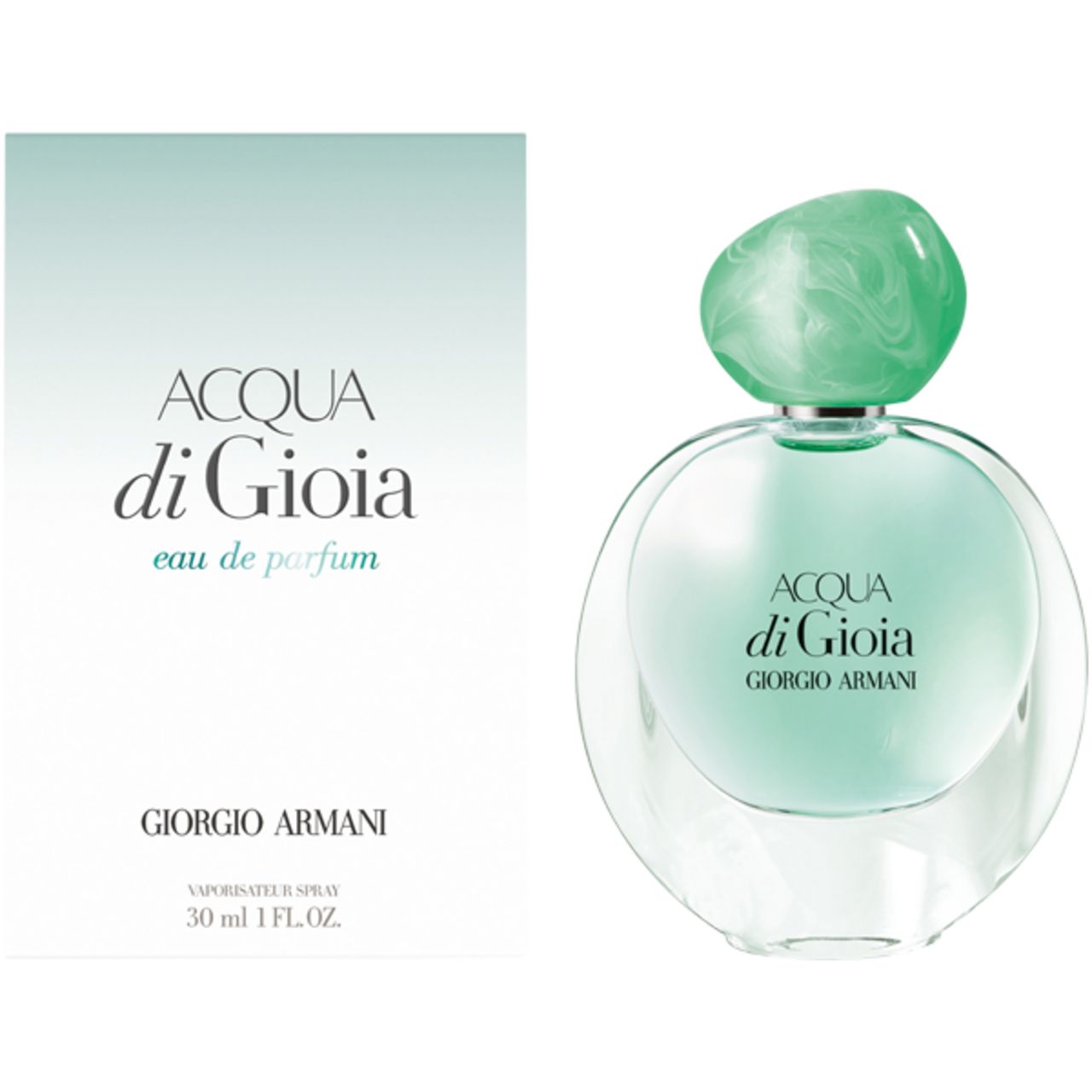 Flacone e confezione. Flacone rotondo, verde. Confezione bianca con scritta: Acqua di Gioia, Giorgio Armani.