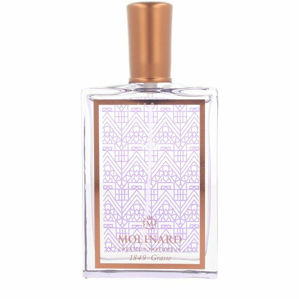 Flacone di profumo con tappo color rame. Forma rettangolare con motivo viola e oro. Scritta: MOLINARD.