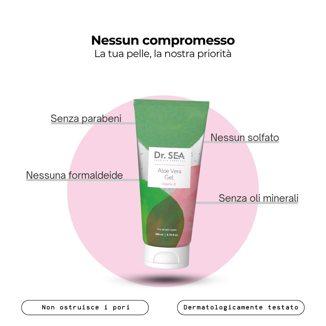 Tubo di gel all'aloe vera. Design verde e rosa. Testo: Dr. SEA, Aloe Vera Gel, Vitamina E. Infografica: Senza additivi.