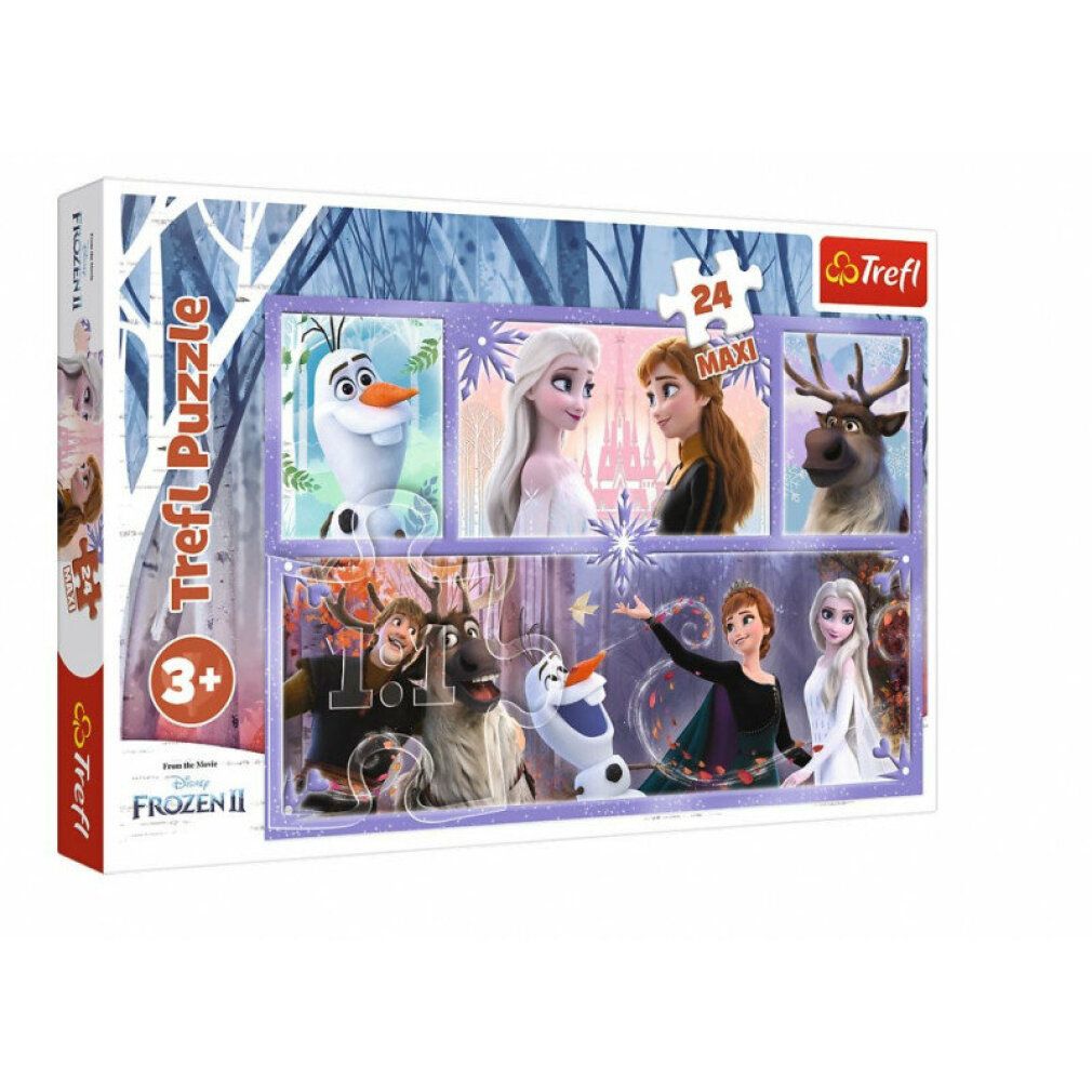 Scatola puzzle con motivi Frozen. 24 pezzi Maxi. Età consigliata: 3+. Marchio Trefl. Confezione con vista laterale.