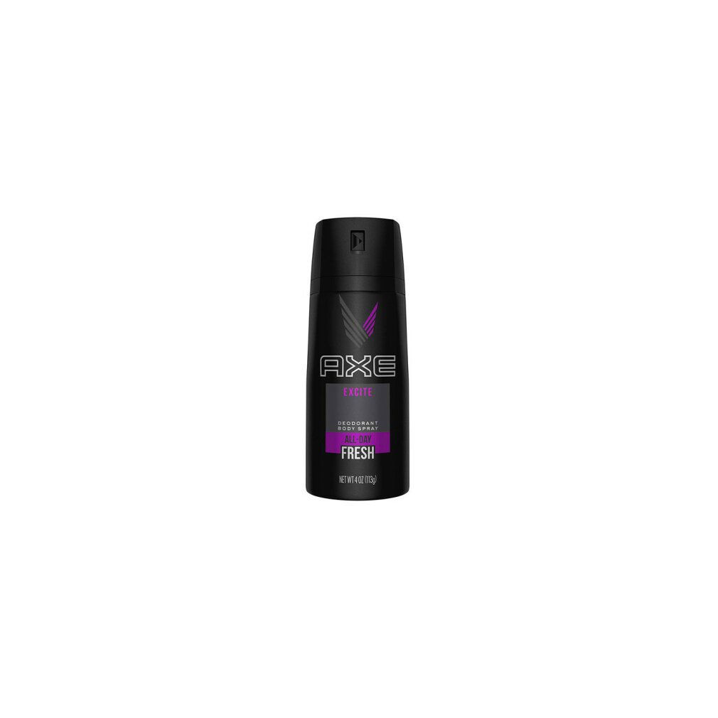 Flacone spray deodorante nero con tappo nero. Logo e scritta "AXE FRESH" in bianco e viola. Testo "FRESH".