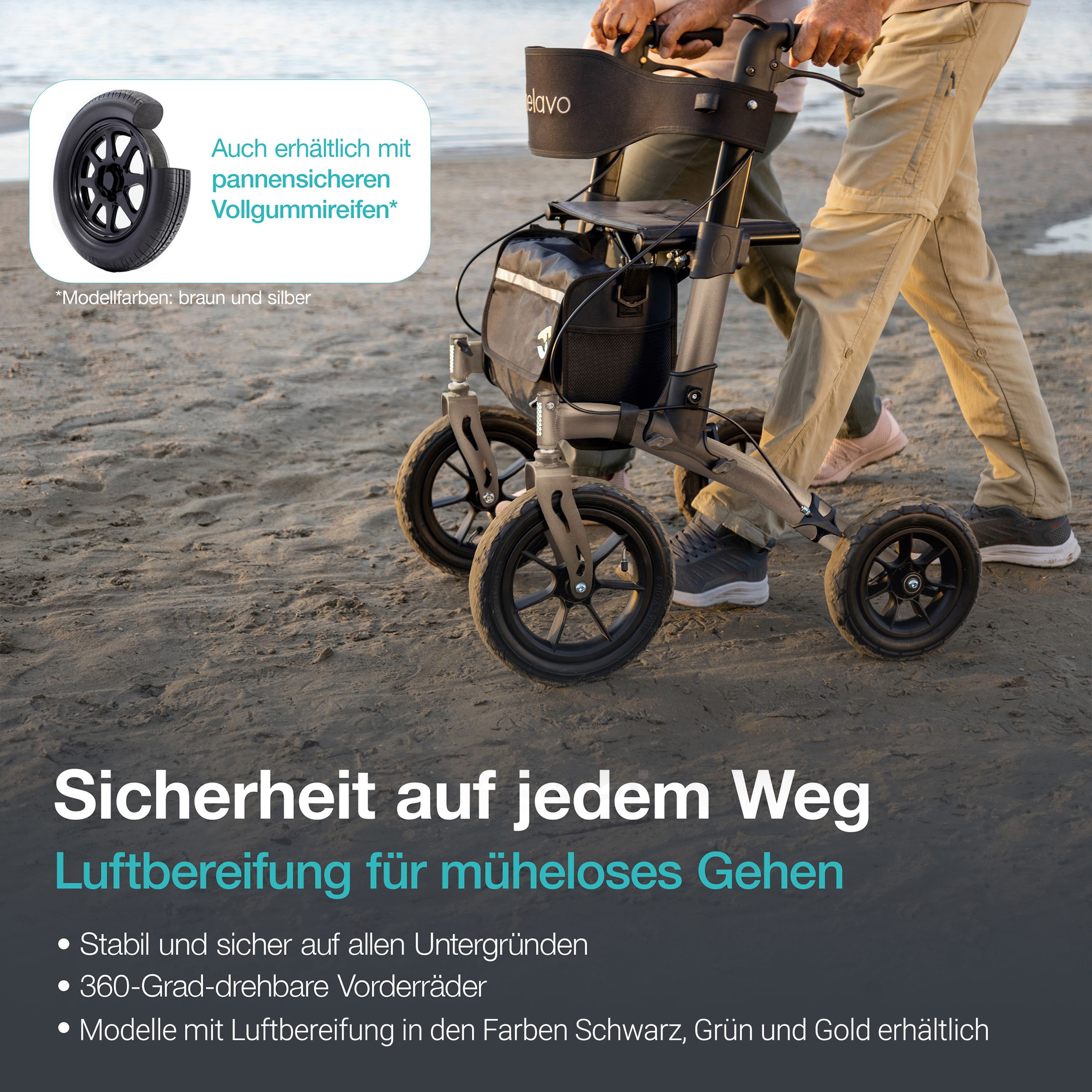 Rollator con pneumatici gonfiabili su terreno sabbioso. Mostra stabilità e ruote anteriori a 360 gradi.