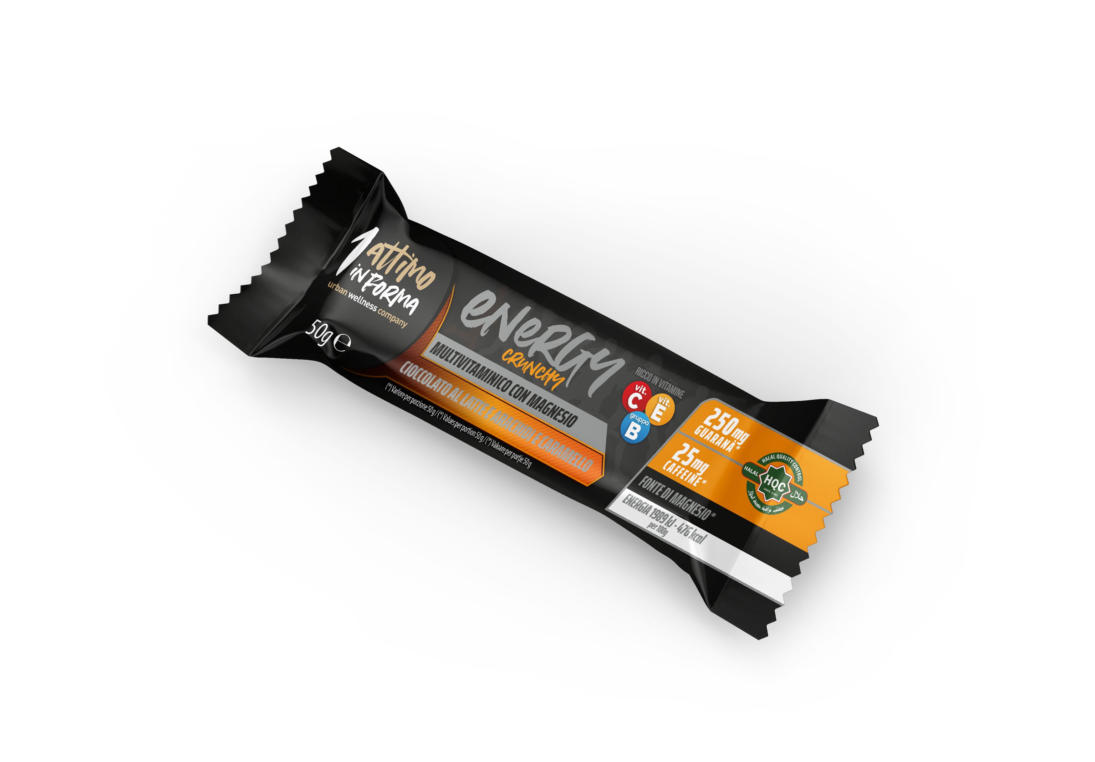 1attimoinforma Barretta Energy Crunchy con Magnesio; Gusto Cioccolato al latte, arachidi e caramello