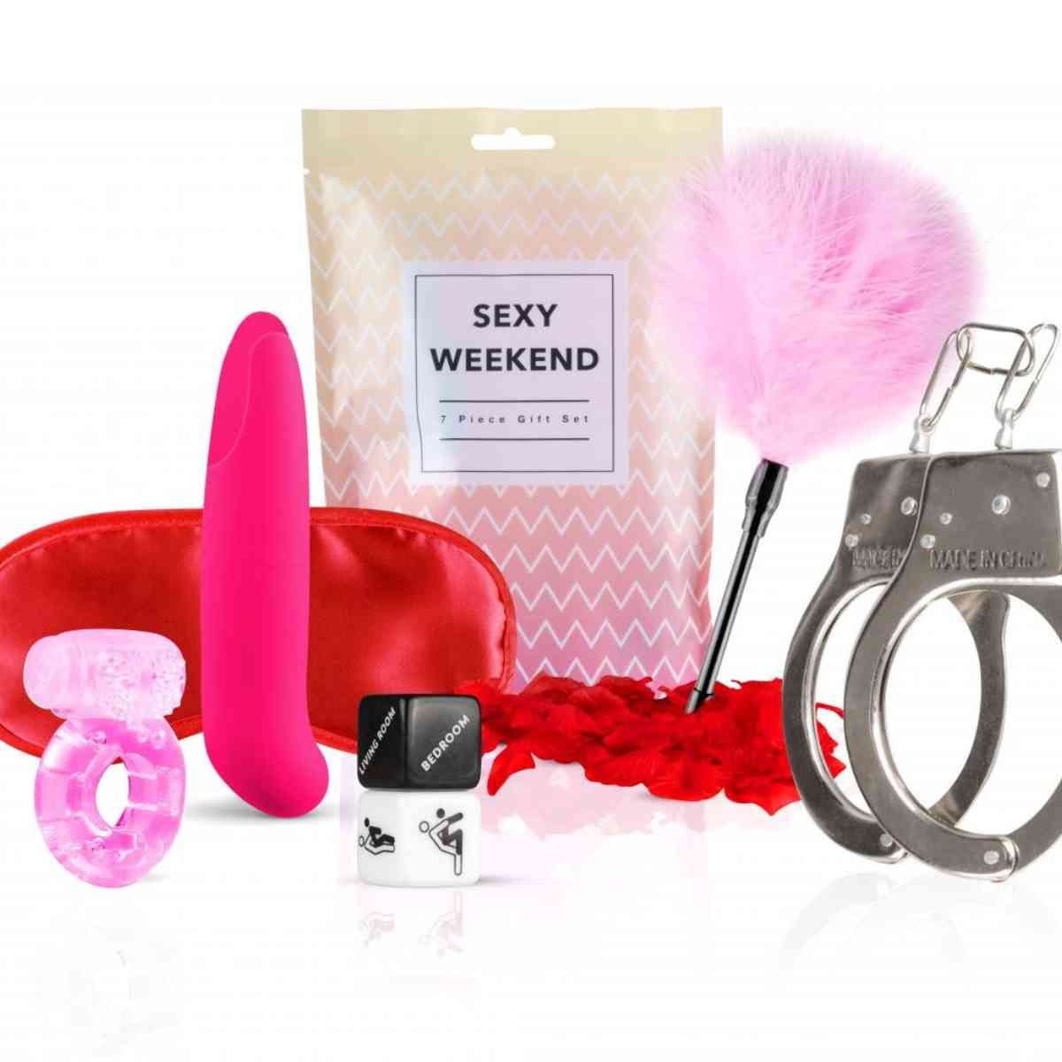 Set regalo con vibratore, mascherina occhi, anello, manette, piumino, olio massaggio e confezione "SEXY WEEKEND".