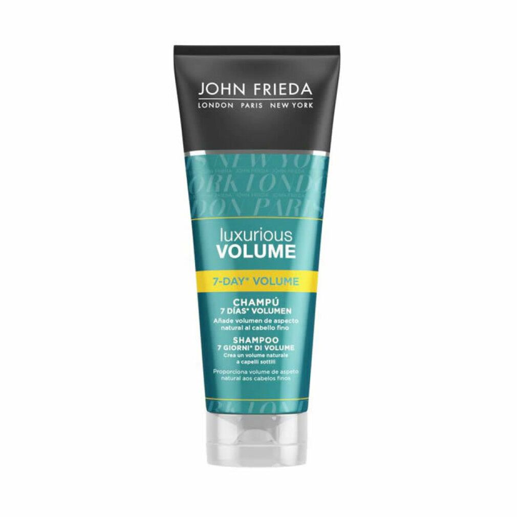 Tubo di shampoo con tappo nero e testo verde. Scritta: 7-Day Volume, Champú, Shampoo. Per capelli fini.