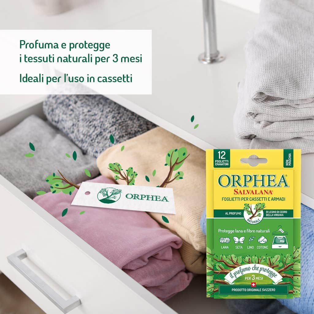Orphea, Foglietti Salvalana per Cassetti e Armadi,per Lana e Vestiti, Profumo Legni di Cedro, 3 Pack