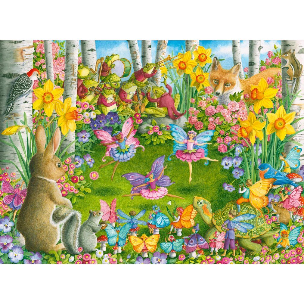 Puzzle con fate, animali e fiori. Scena con coniglio, scoiattolo, volpe, uccelli, farfalle e rane.