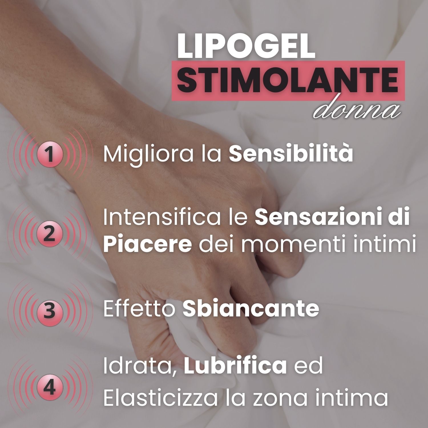 Testo su sfondo rosa: Lipogel Stimolante donna. Quattro punti numerati con descrizioni.
