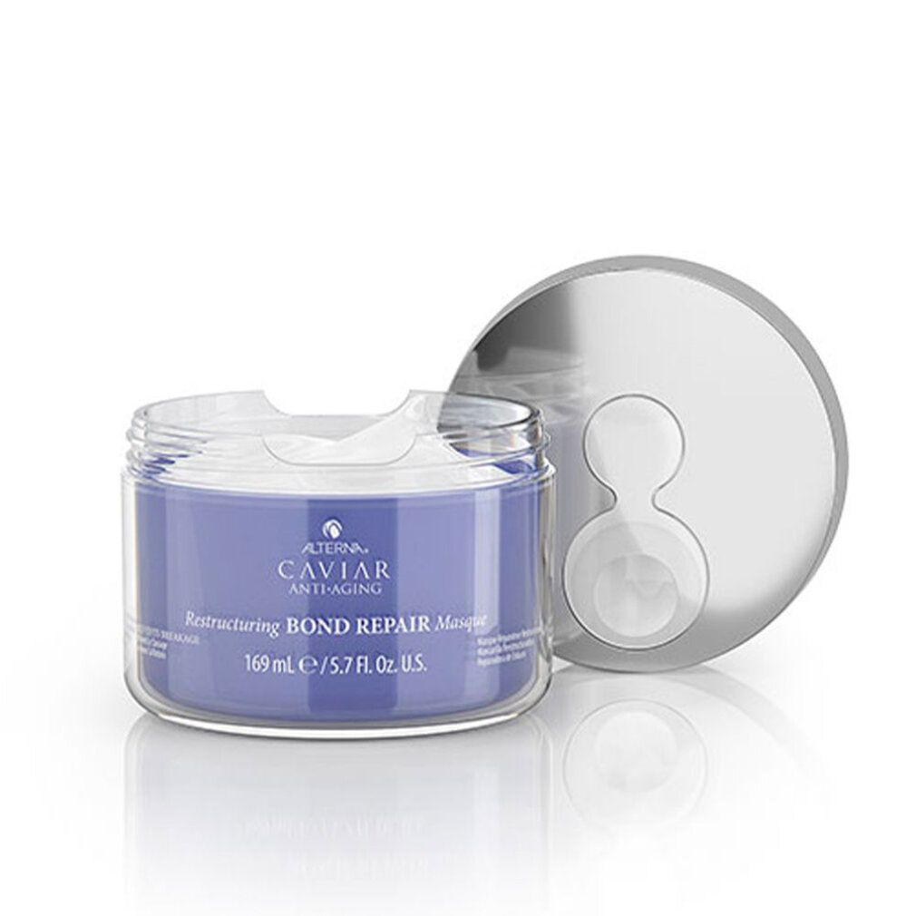 Vasetto di crema aperto con coperchio argentato. Scritta: Caviar Anti-Aging, Restructuring Bond Repair Masque.