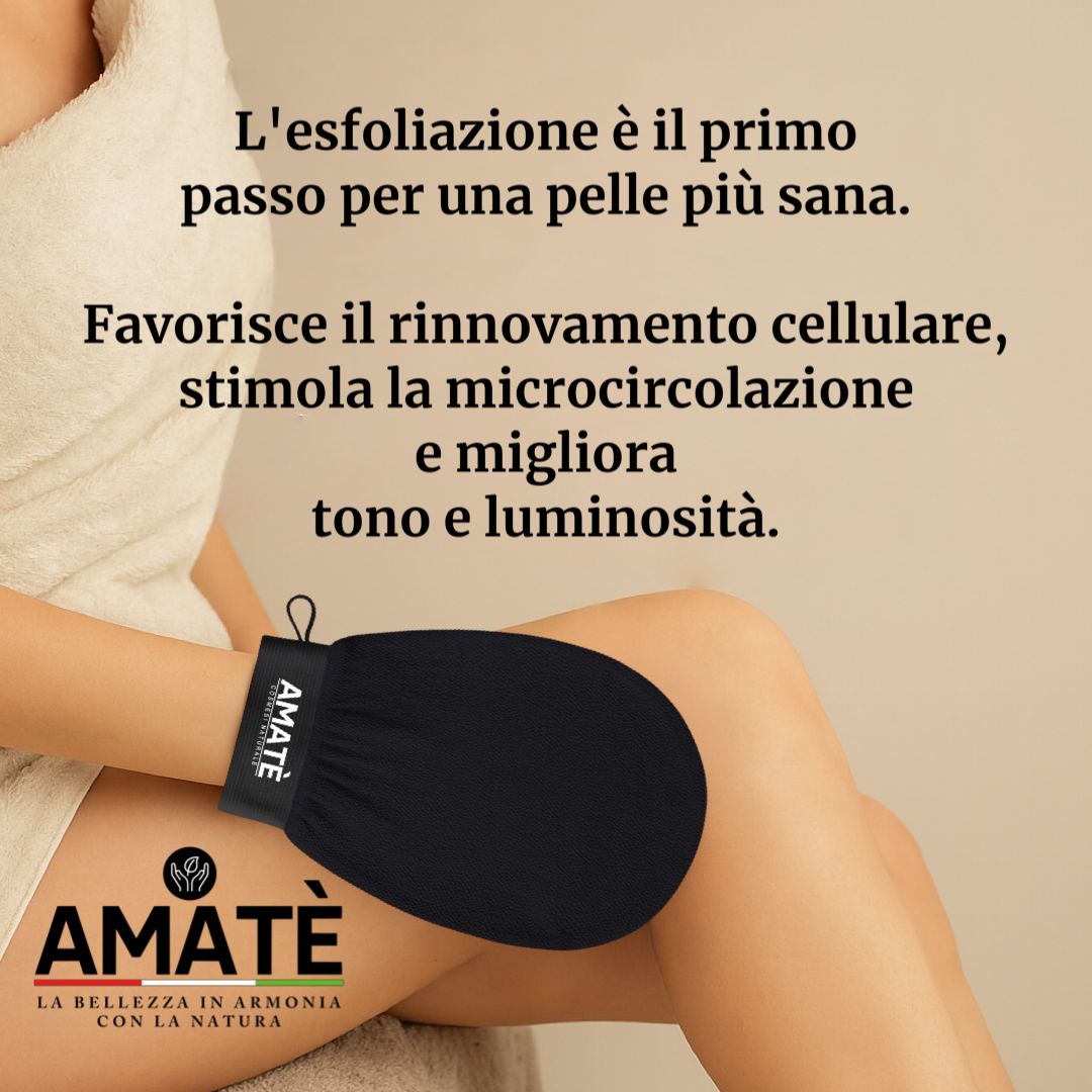 Persona con guanto Kessa nero sulla gamba. Testo: L'esfoliazione è il primo passo per una pelle più sana. Logo AMATE.