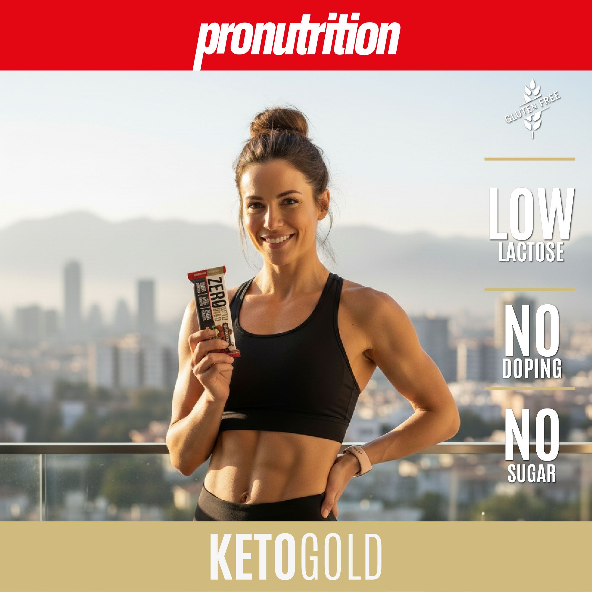 Donna tiene una barretta Keto. Scritta: Zero Keto Bar. Senza glutine, a basso contenuto di lattosio, senza doping, senza zucchero.