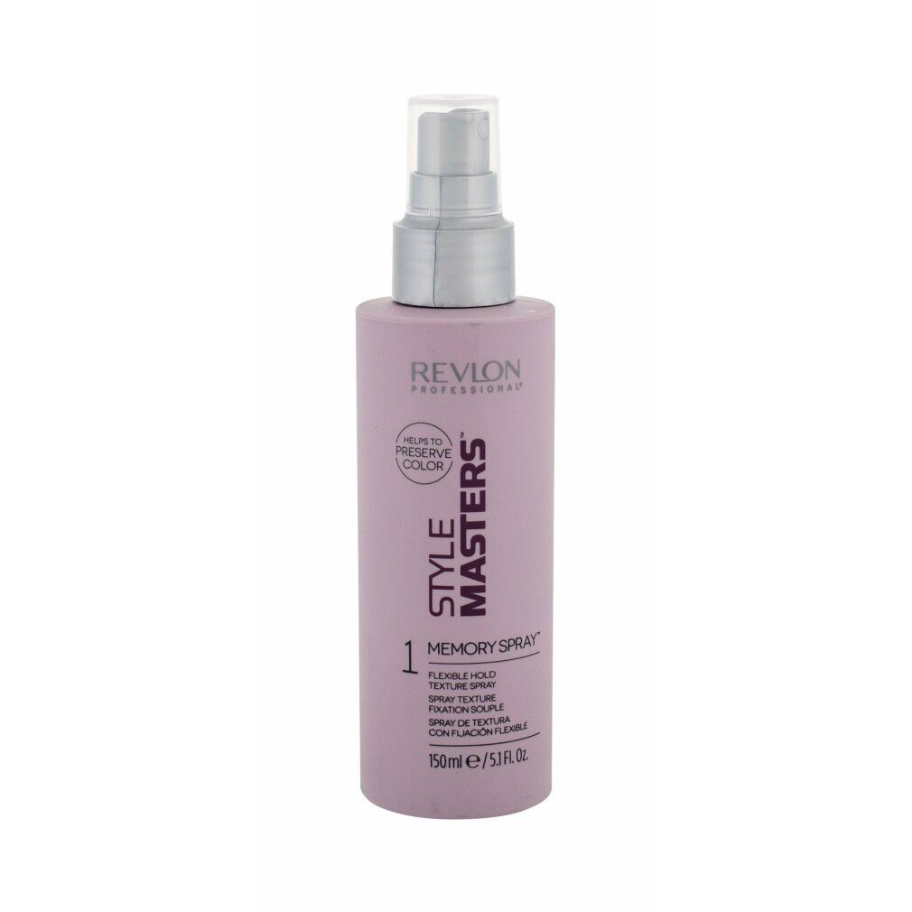 Flacone spray per capelli lilla. Testo: Revlon Style Masters, Memory Spray, Flexible Hold Texture Spray. Con erogatore.