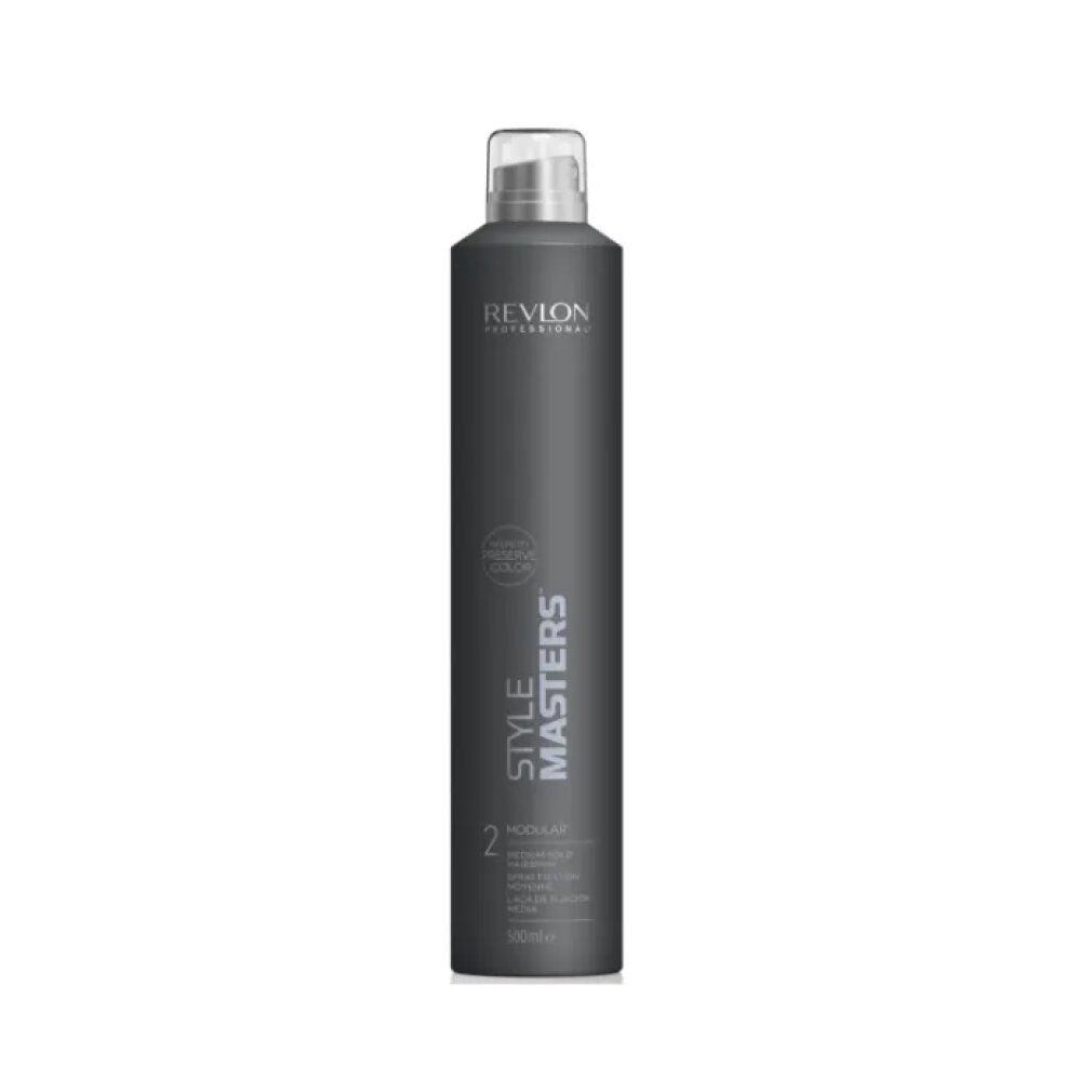 Flacone spray grigio con tappo bianco. Scritte: Revlon Professional, Style Masters, Modular, Medium Hold, 250ml.