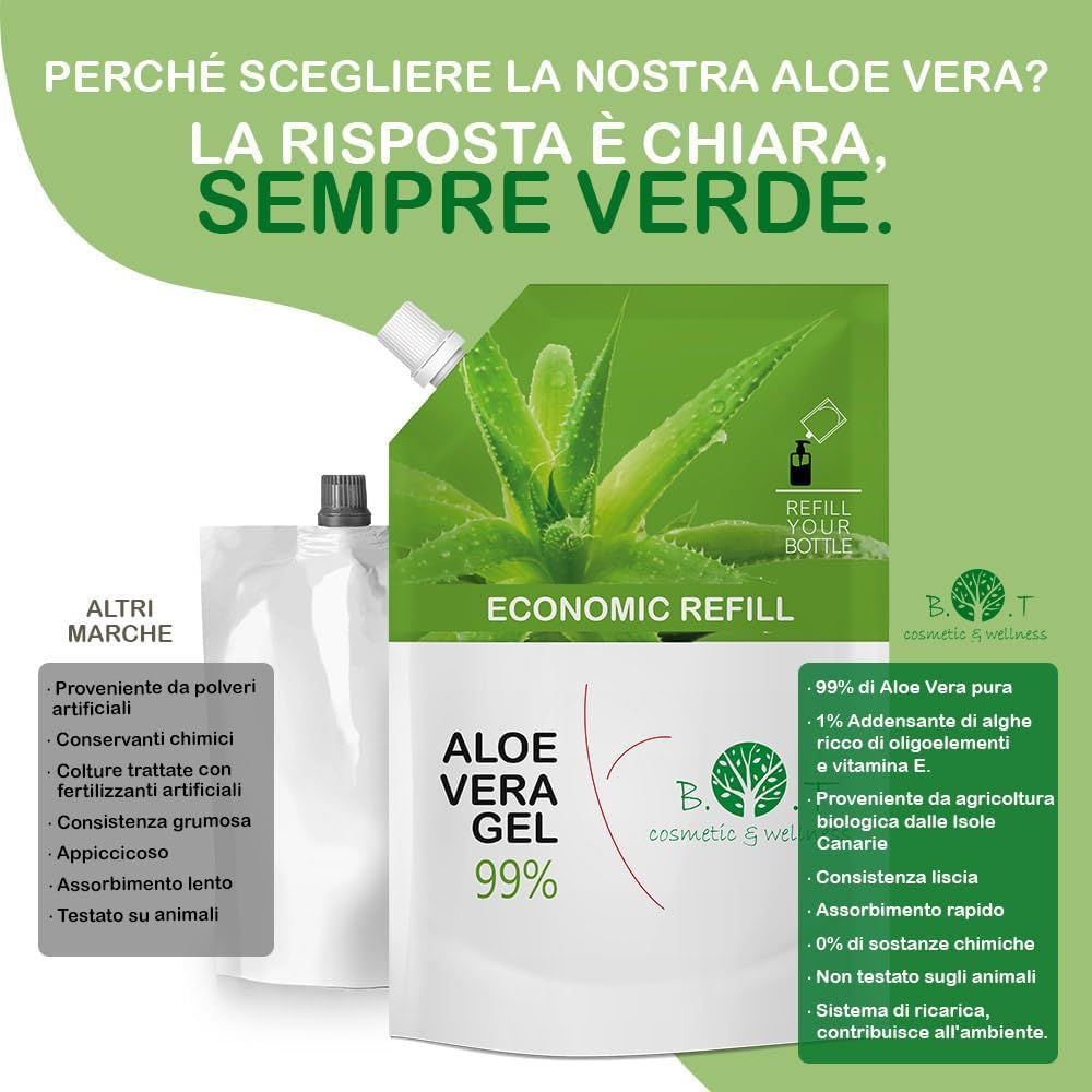 Ricarica gel di Aloe Vera con 99% di Aloe Vera pura. Contiene oligoelementi e vitamina E. Proveniente da agricoltura biologica.