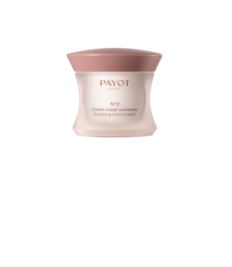 Vaso di crema con coperchio rosa. Scritta: PAYOT, N°2 Crème nuage apaisante, Soothing cloud cream.