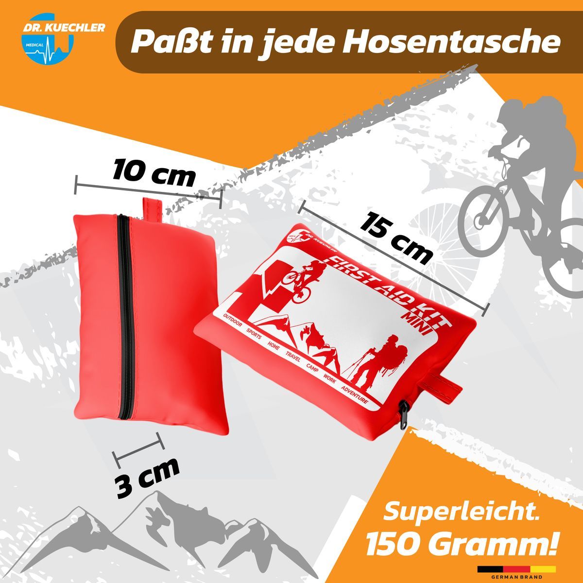 Kit di pronto soccorso rosso accanto a un set aperto. Dimensioni: 15x10x3 cm. Testo: "Entra in ogni tasca". Peso: 150 grammi. Logo: Dr. Kuechler.