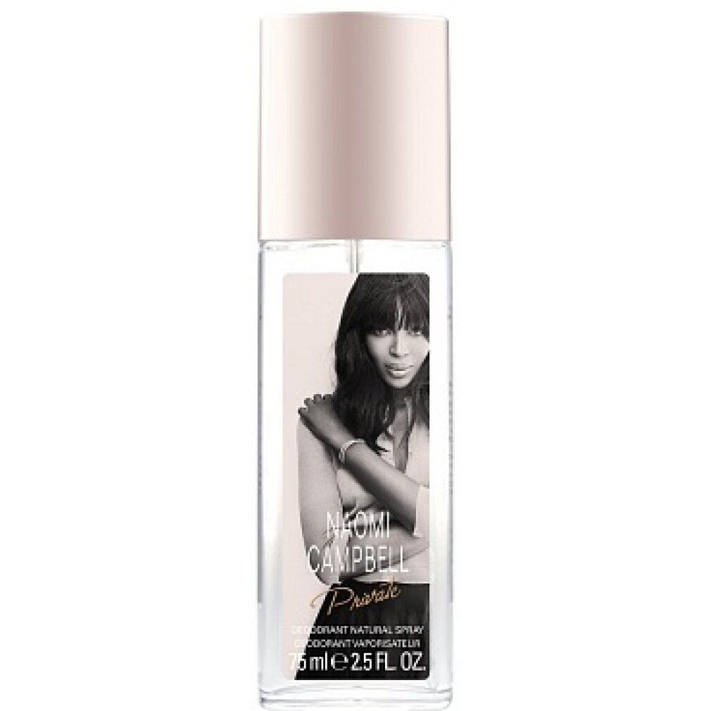 Spray deodorante con tappo rosa. Sul davanti, un ritratto in bianco e nero di Naomi Campbell. Sotto, la scritta "Private".
