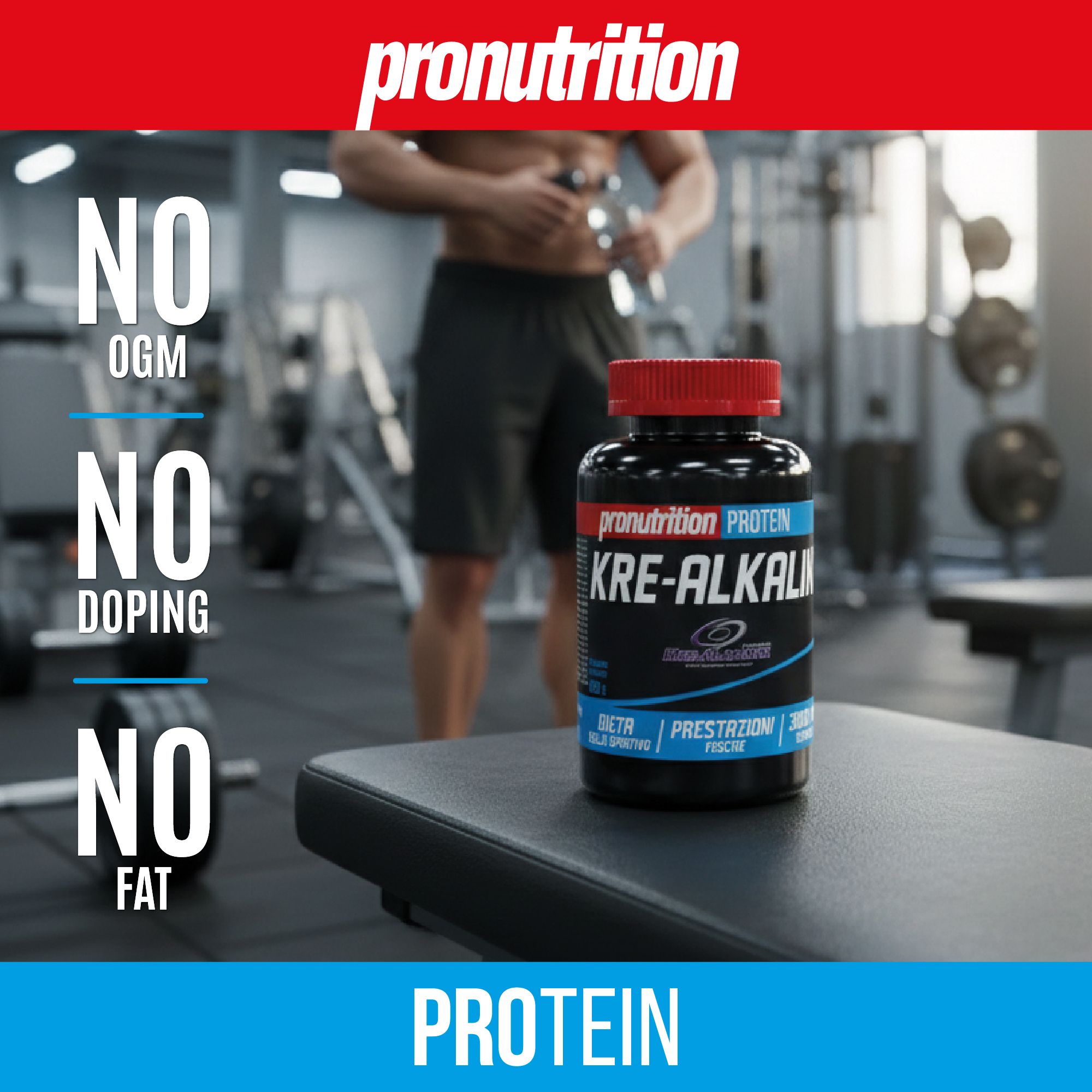 Flacone nero con tappo rosso, nome del prodotto e testo. Sullo sfondo, un uomo in palestra.