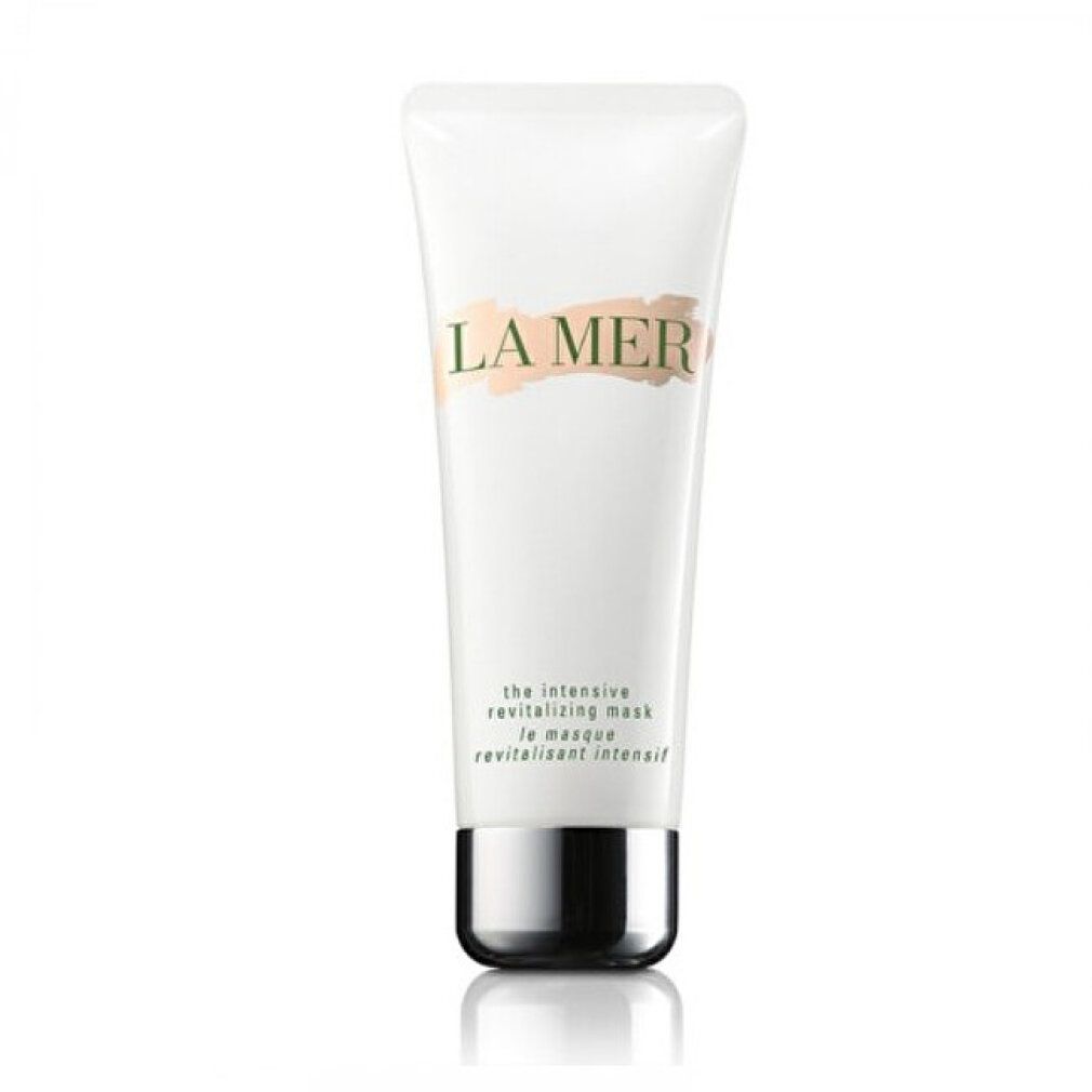 Tubo bianco con base argentata. Scritta: LA MER, the intensive revitalizing mask, le masque revitalisant intensif.