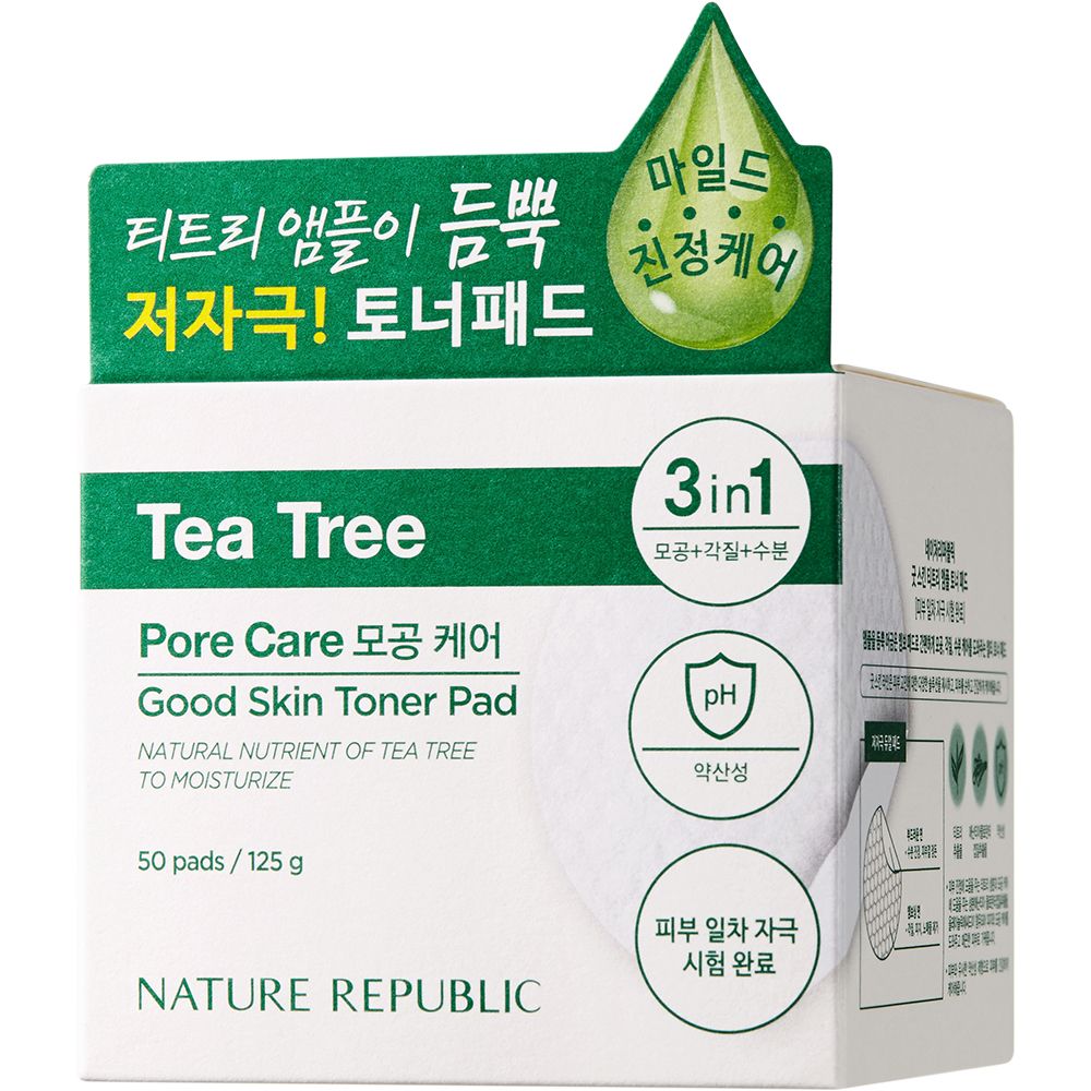Confezione con etichetta verde. Scritta: Tea Tree, Pore Care, Good Skin Toner Pad. Marchio: NATURE REPUBLIC. 50 pads. 3in1.