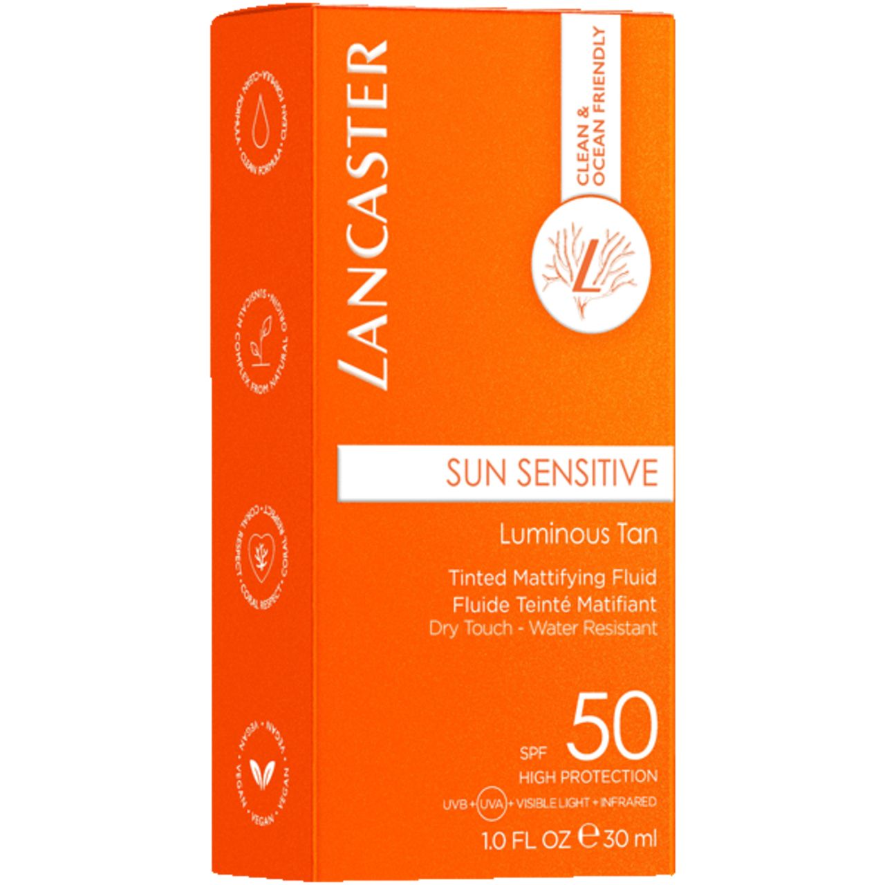Scatola arancione. Scritta: LANCASTER SUN SENSITIVE 50 SPF. Testo: Luminous Tan, Tinted Mattifying Fluid.