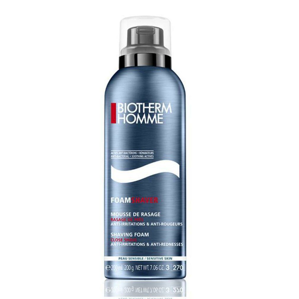 Flacone blu-argento con tappo nero. Scritta: BIOTHERM HOMME, Foam Shave, Mousse de Rasage. Testo e logo.