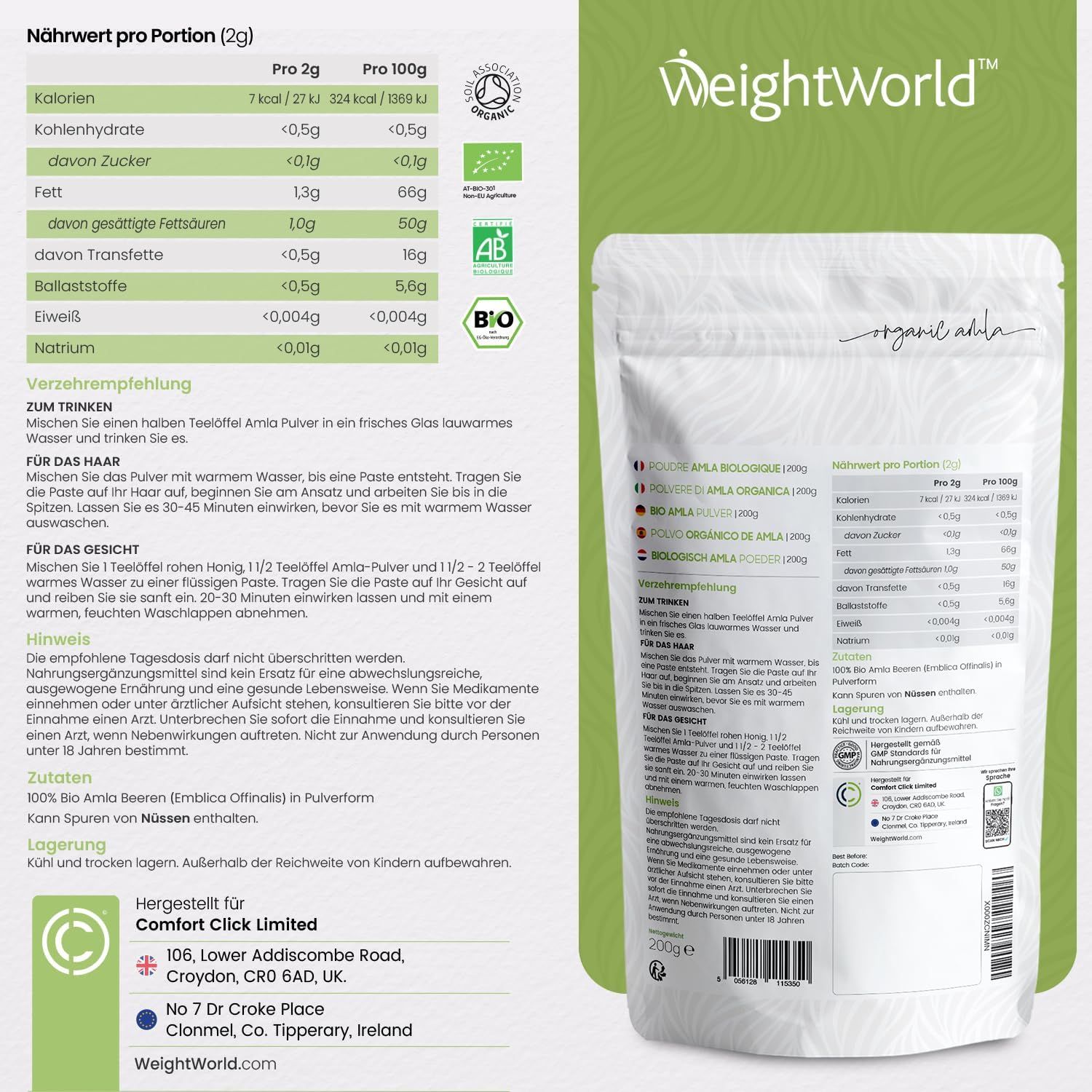 Informazioni sul prodotto e tabella nutrizionale. Busta di BIO Amla Pulver, uva spina indiana. Marchio: WeightWorld. Testo in tedesco.