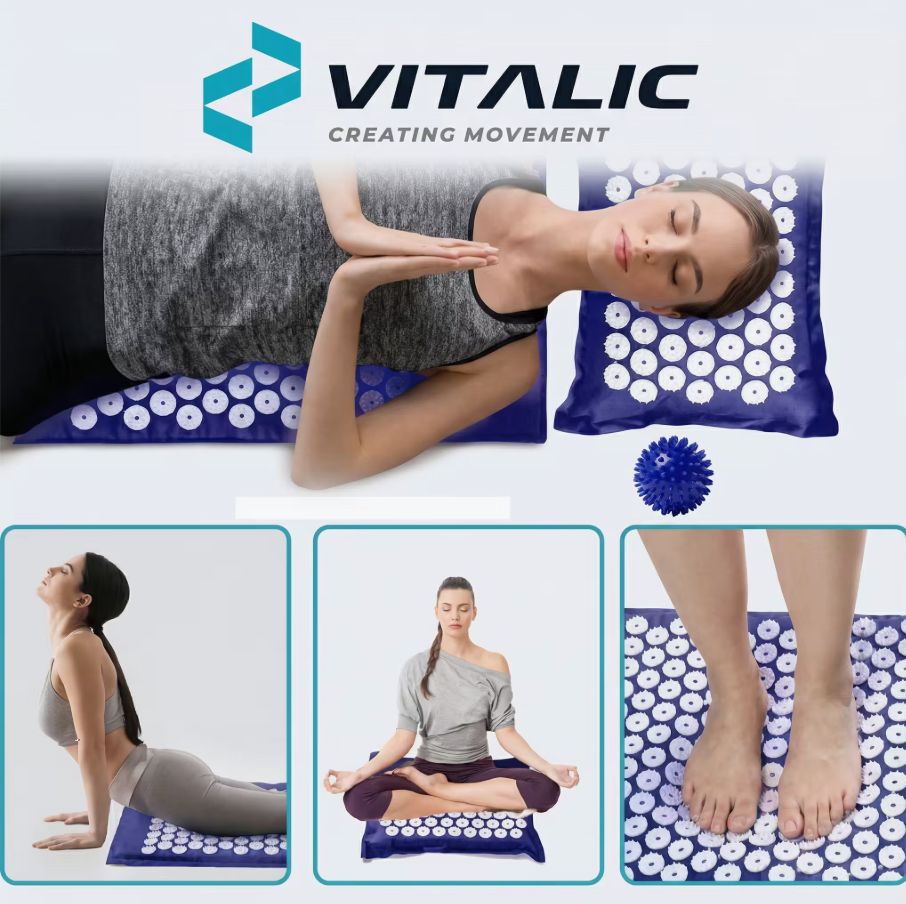 Set di acupressione VITALIC con tappetino, cuscino e palla da massaggio. Diversi esempi di utilizzo.