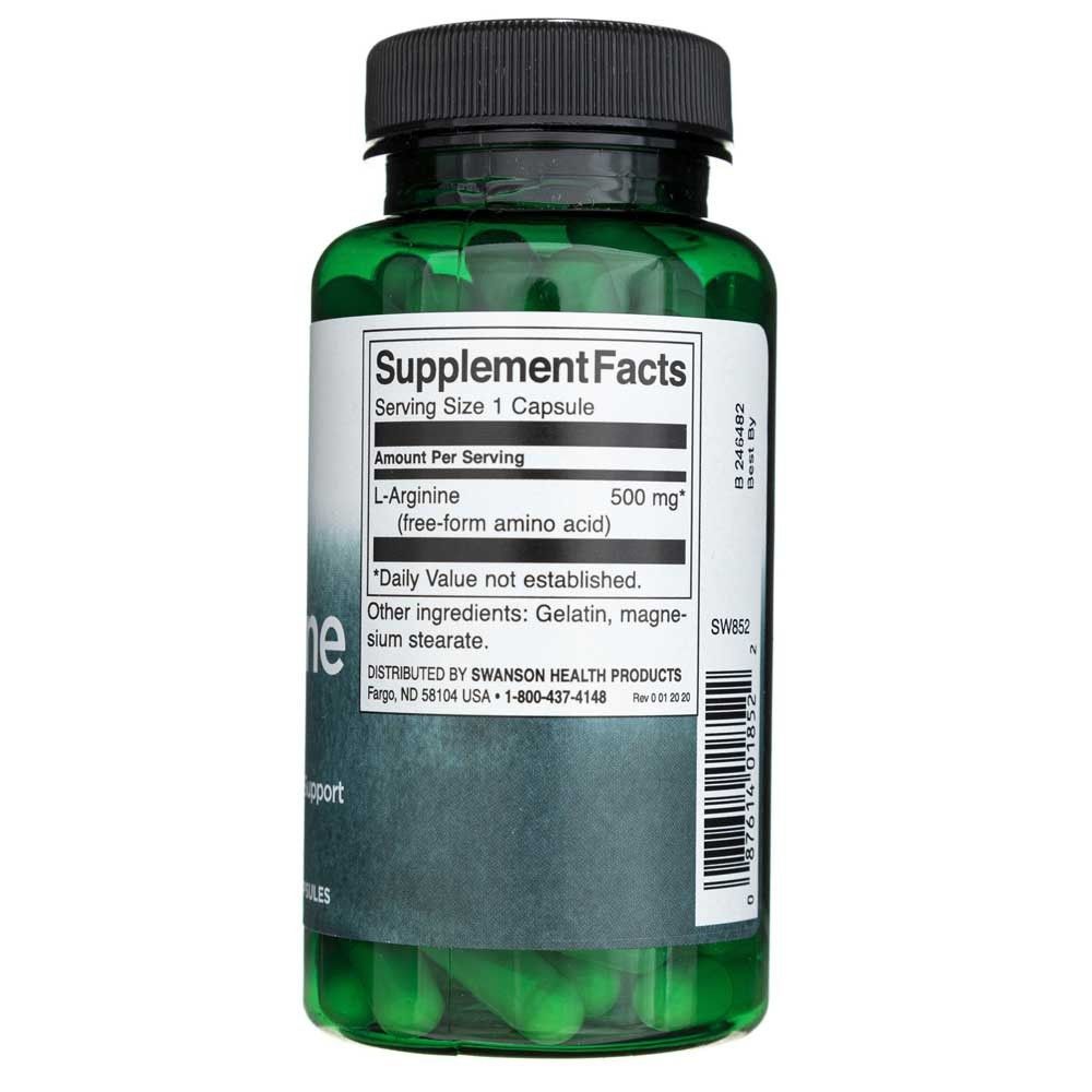 Retro di una bottiglia di capsule di L-Arginina con informazioni nutrizionali e ingredienti.