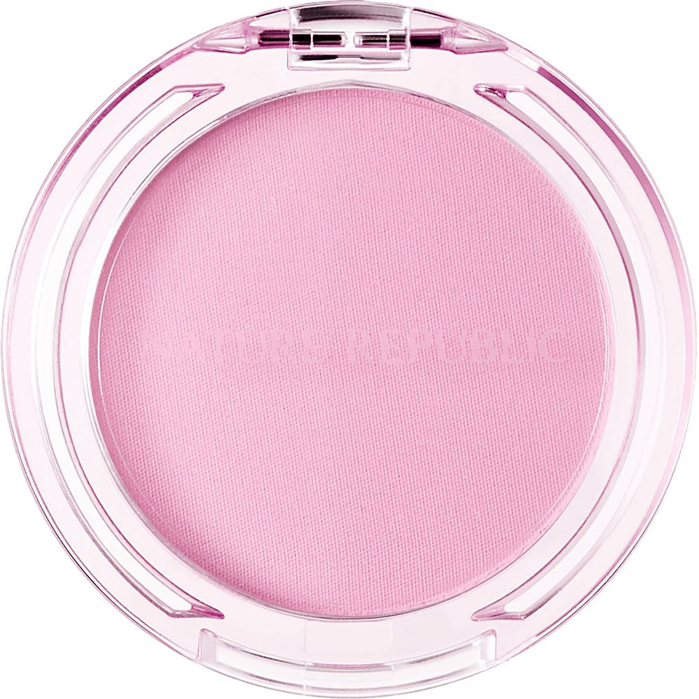 Blush rotondo rosa. Contenitore trasparente con coperchio. Scritta: NATURE REPUBLIC.