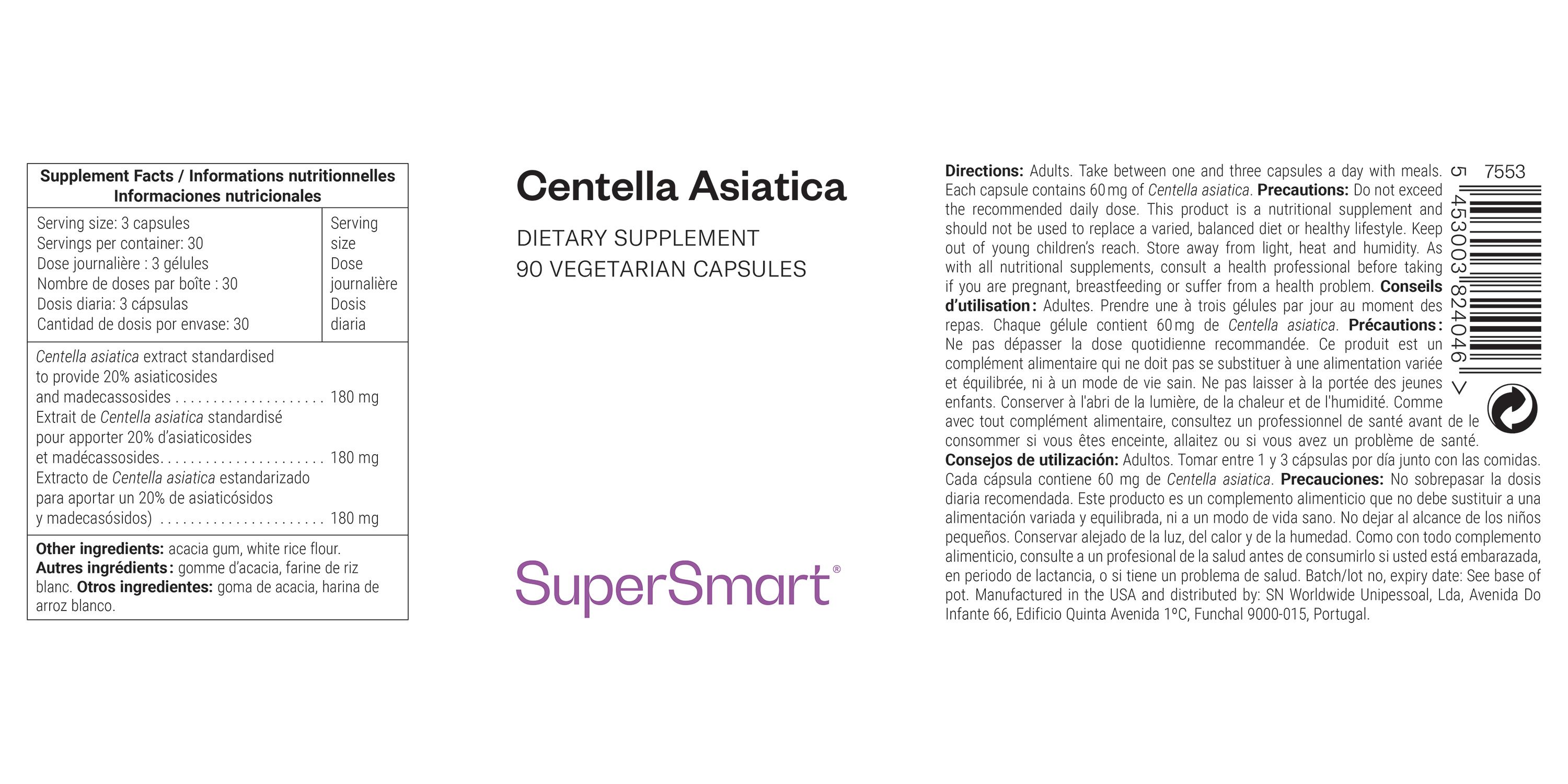 Etichetta integratore alimentare. Contiene 90 capsule vegetariane. Contiene Centella asiatica. Logo SuperSmart.