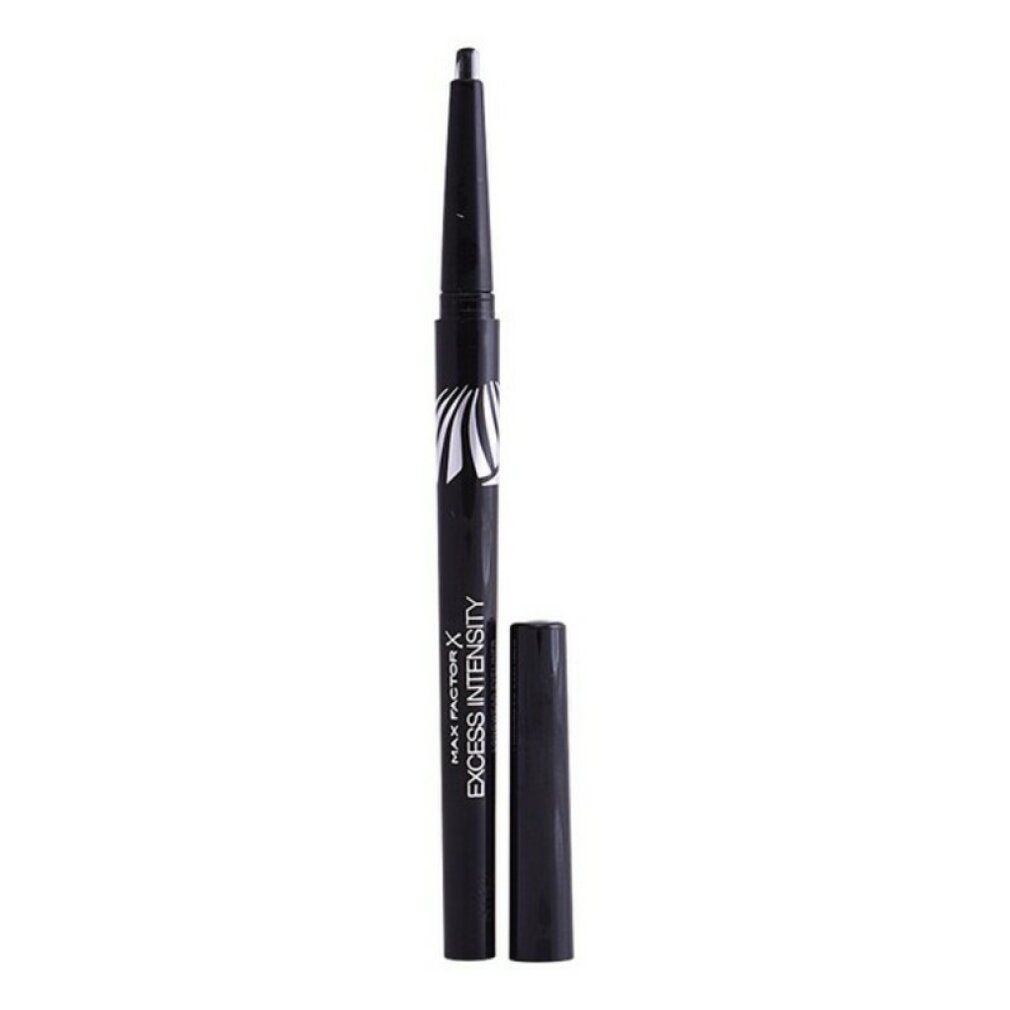 Eyeliner nero aperto, con matita nera e cappuccio. Scritta: Max Factor Excess Intensity.