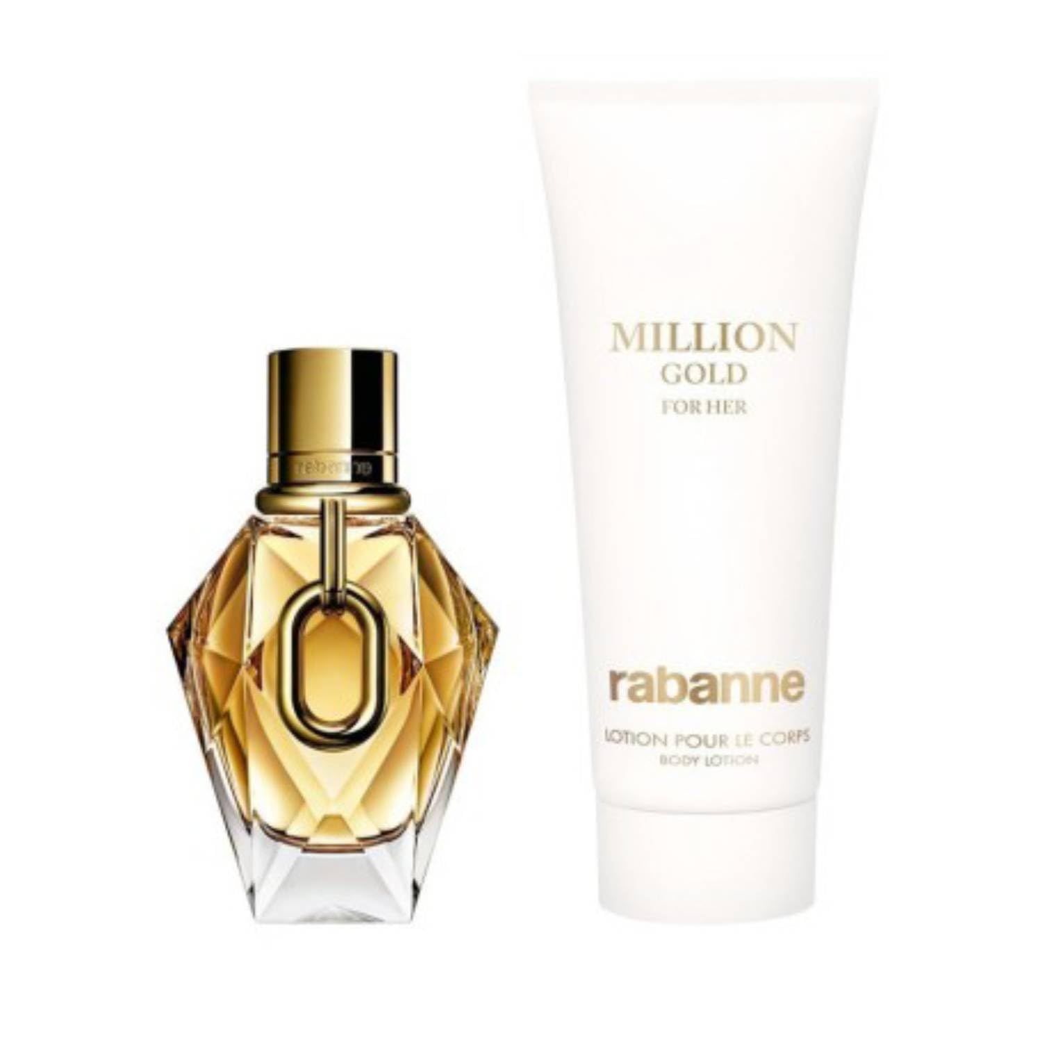 Flacone e lozione per il corpo Paco Rabanne. Flacone con tappo dorato. Lozione con scritta 'Million Gold For Her'.