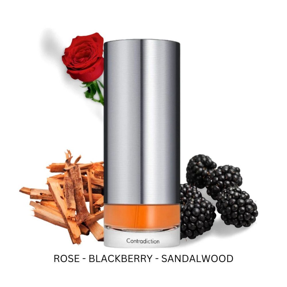 Flacone di profumo con ingredienti. Flacone argentato con liquido arancione. Rose, more e legno di sandalo.