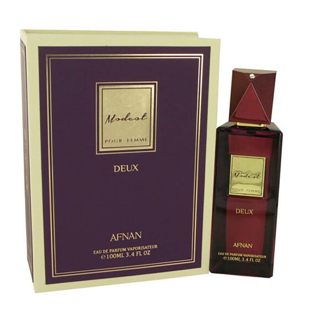 Flacone rosso scuro e scatola viola. Scritte dorate: Modest Pour Femme Deux, Afnan. Flacone con tappo rosso. Confezione con cornice dorata.