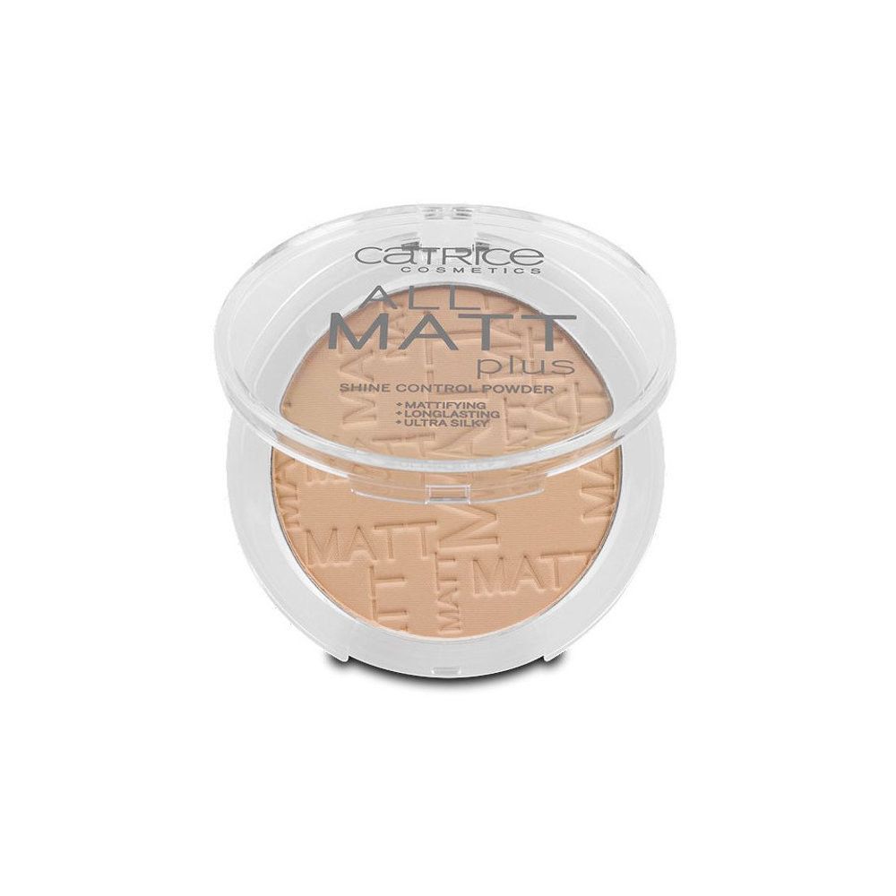 Catrice All Matt Plus Shine Control Powder. Confezione rotonda bianca con coperchio trasparente. Polvere con goffratura. Scritta "ALL MATT PLUS".