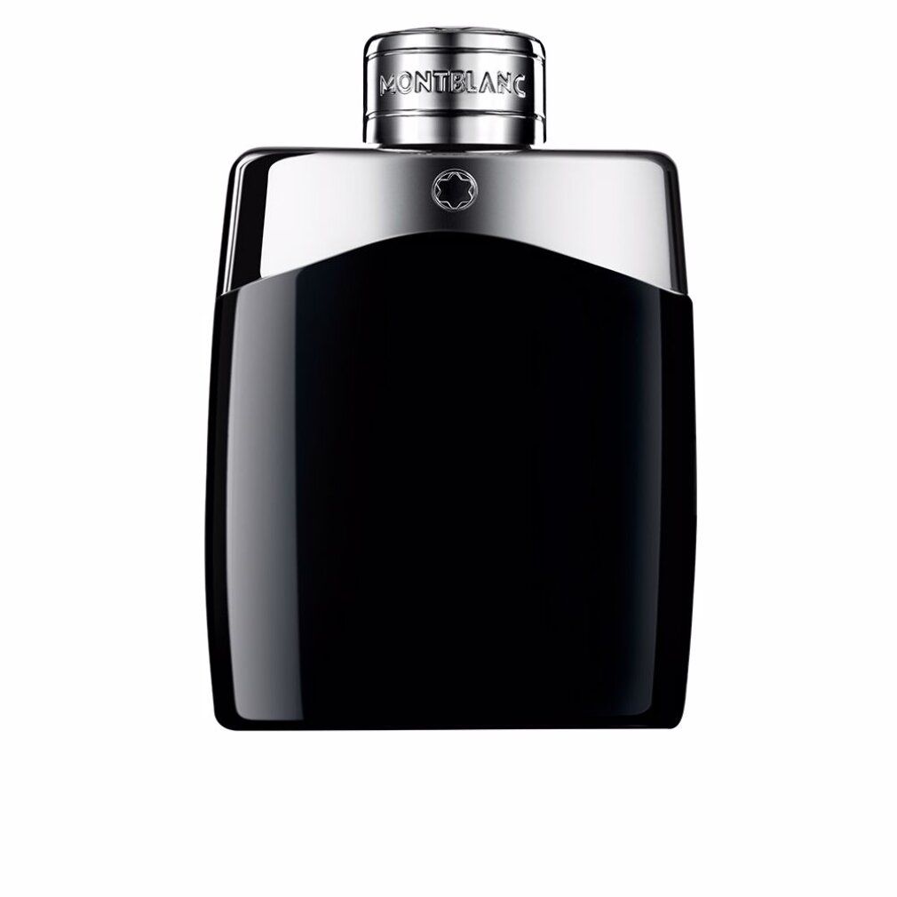 Flacone nero con tappo argentato. Scritta: MONTBLANC. Logo. Flacone su sfondo bianco.