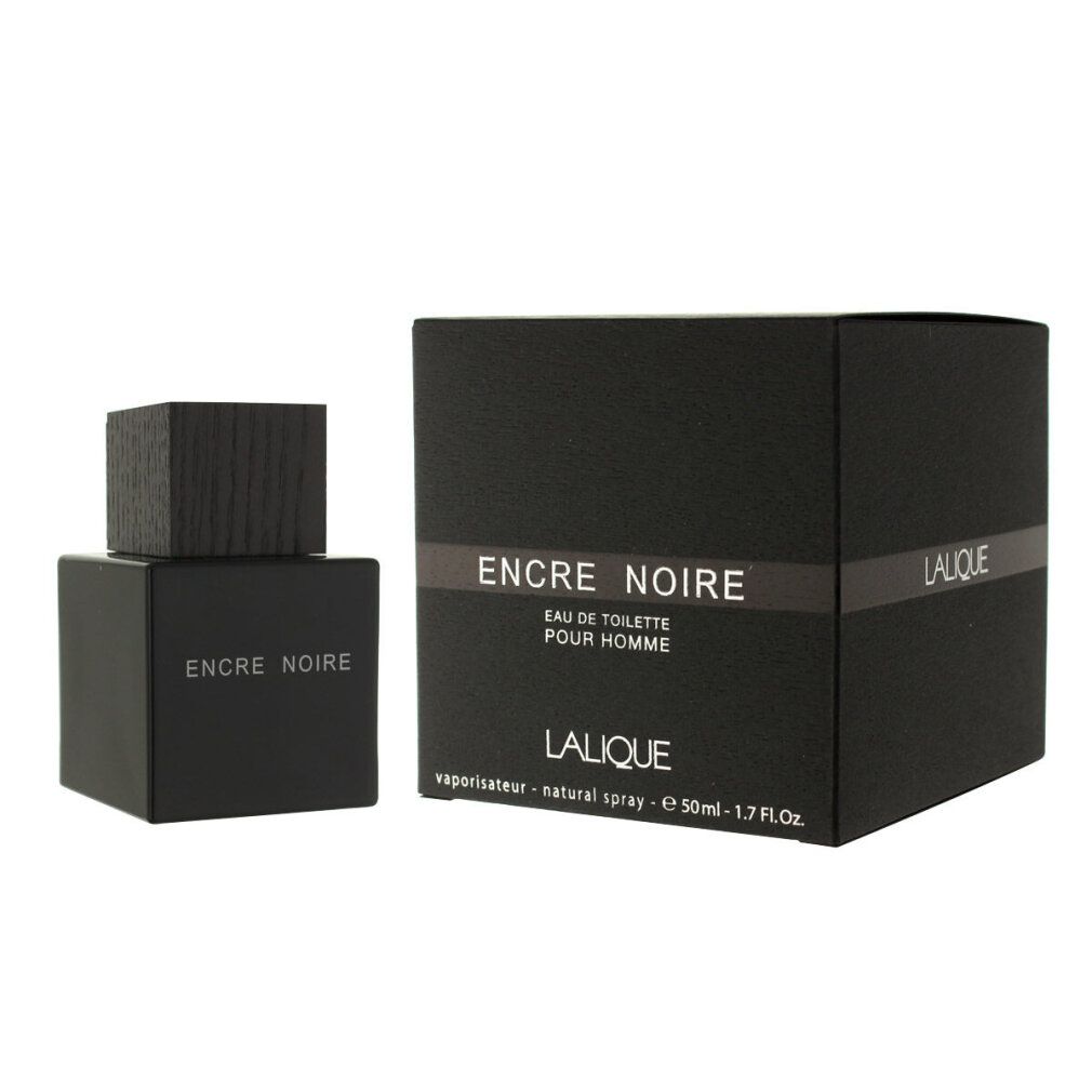 Flacone e confezione neri. Scritta: Encre Noire, Eau de Toilette Pour Homme, Lalique. Tappo in legno.