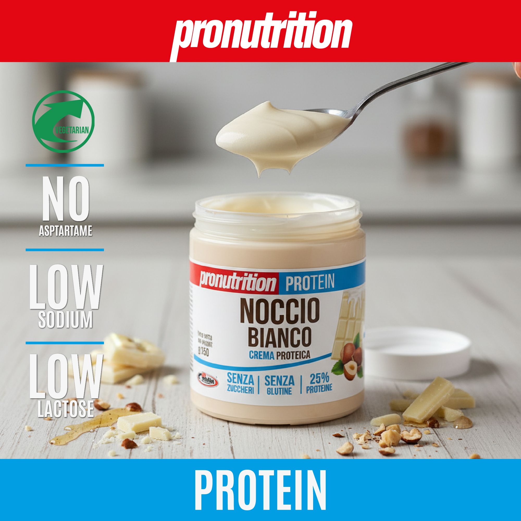 Vaso di crema proteica Pronutrition Noccio Bianco, 25% proteine. Scritta: NO Aspartame, Low Sodium, Low Lactose. Cucchiaio.