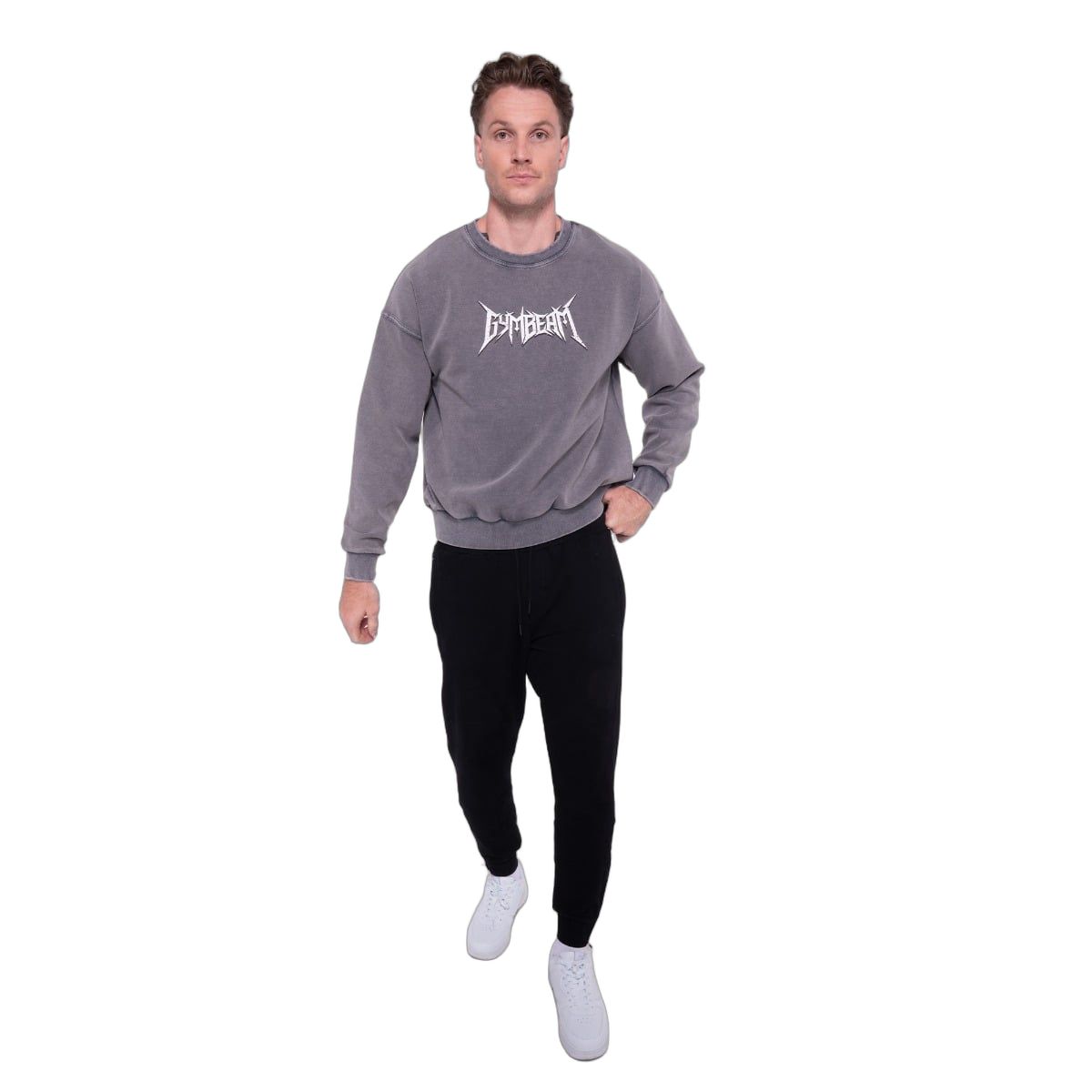 GymBeam Felpa uomo oversize girocollo Spike grigia senza cappuccio