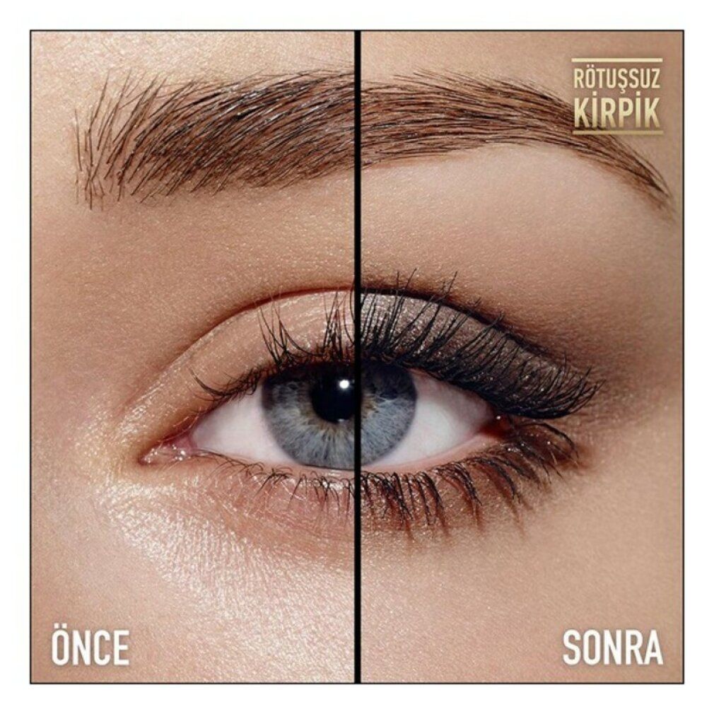 Occhio con ciglia, non truccato a sinistra, con mascara a destra. Scritta turca.