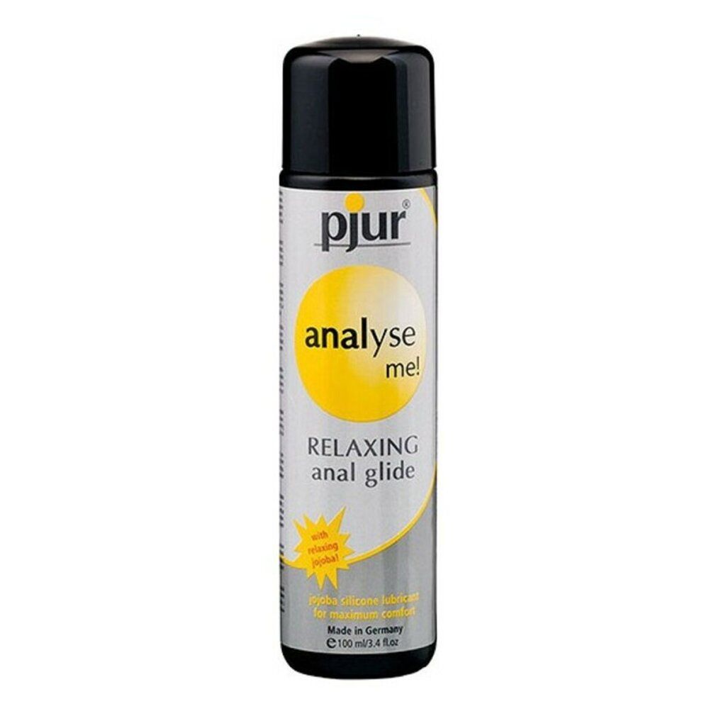 Flacone cilindrico con tappo nero. Scritta: pjur, analyse me!, Relaxing anal glide. Con jojoba. 100ml.