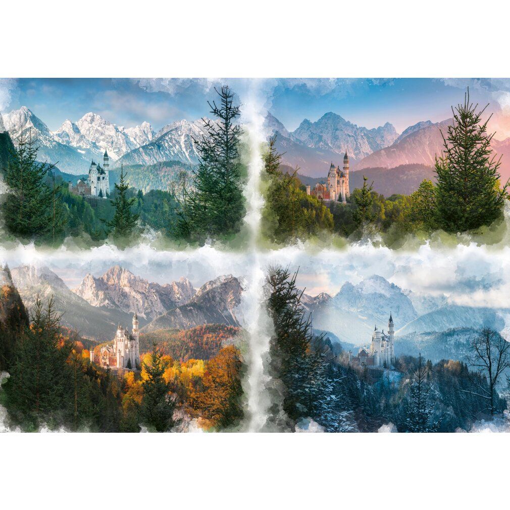 Puzzle con castello in quattro stagioni. Montagne, alberi, castello. 4 immagini.